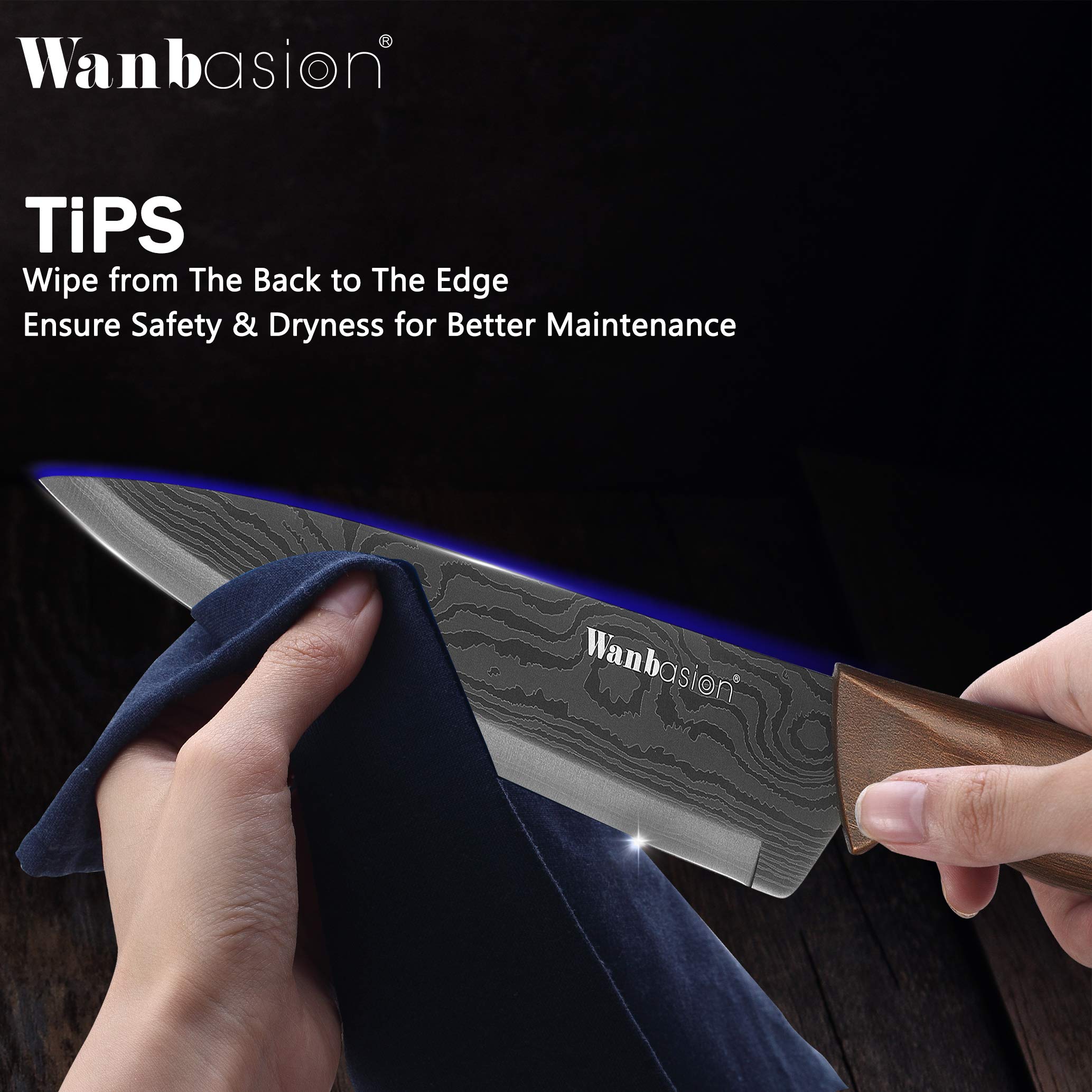 Wanbasion Matte Black Titanium Plated Stainless Steel Professional Chef Knife Set, Dishwasher Safe Damascus Style Kitchen Knives for Home Cooking and Gourmet Prep