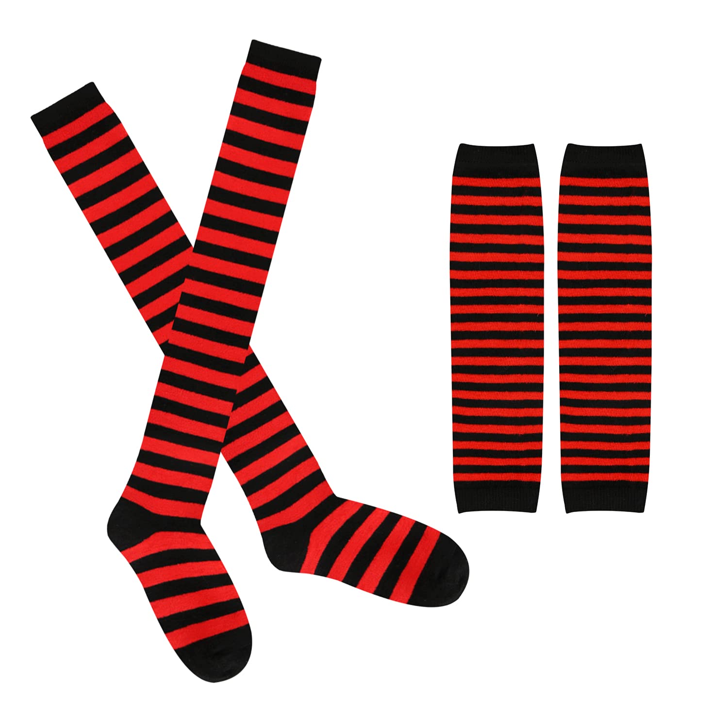 Benefeet Women's Striped Thigh High Socks & Arm Warmers Set - Over Knee High Stockings with Fingerless Gloves - Perfect for Halloween Costumes, Cosplay, and Winter Fashion Outfits