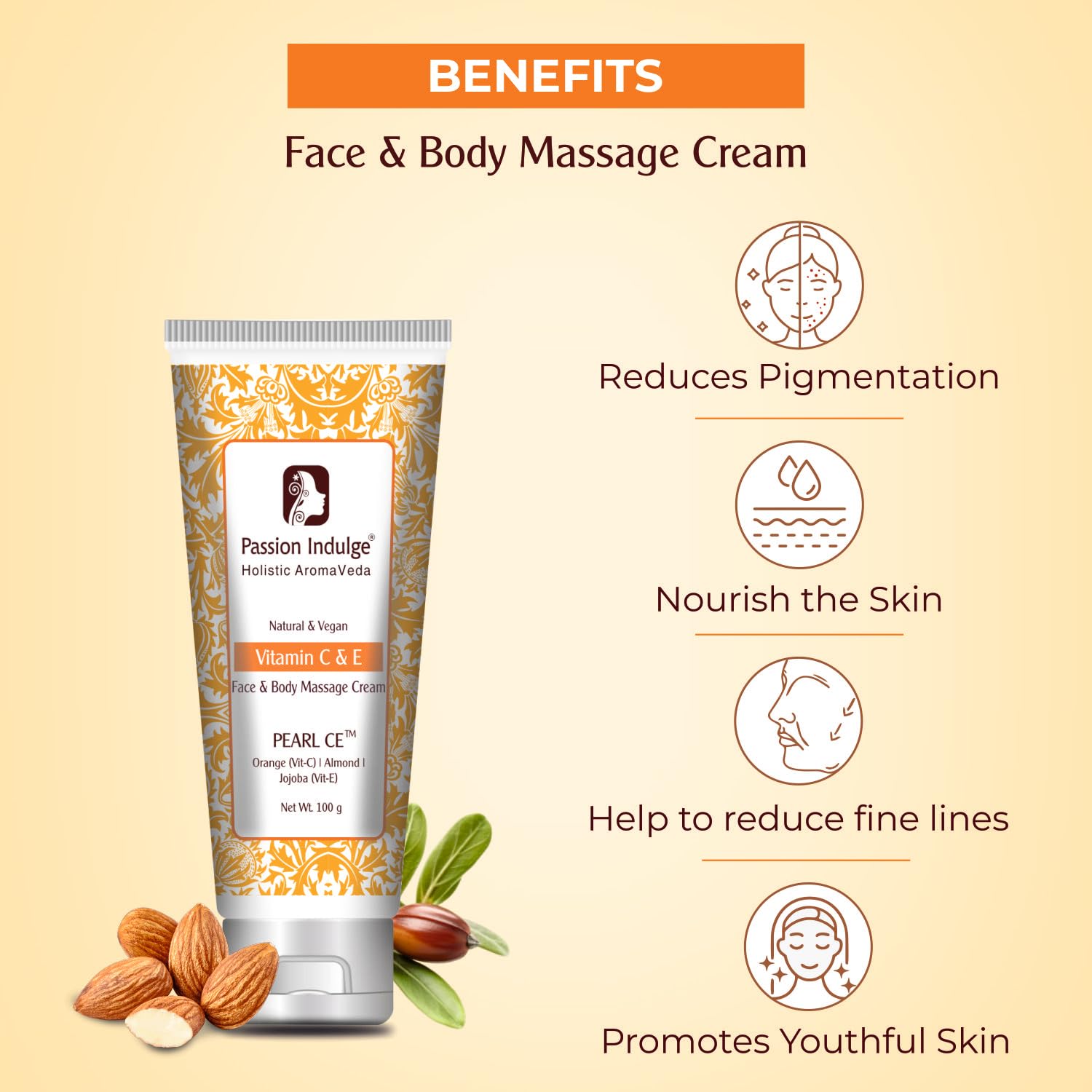 Passion Indulge Pearl-CE Vitamin C & E Face and Body Cream - Natural Moisturizer with Orange, Almond & Jojoba Oil for All Skin Types (100g) | Brightening, Hydrating & Nourishing | Perfect for Daily Skincare & Night Routine