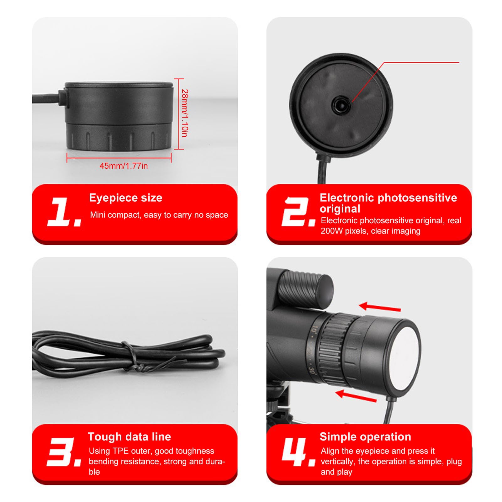 Heayzoki 200W Pixel Digital Telescope with Electronic Eyepiece Camera - USB C Cable & APP Control for Monoculars & Binoculars - Perfect for Bird Watching, Stargazing, and Outdoor Exploration