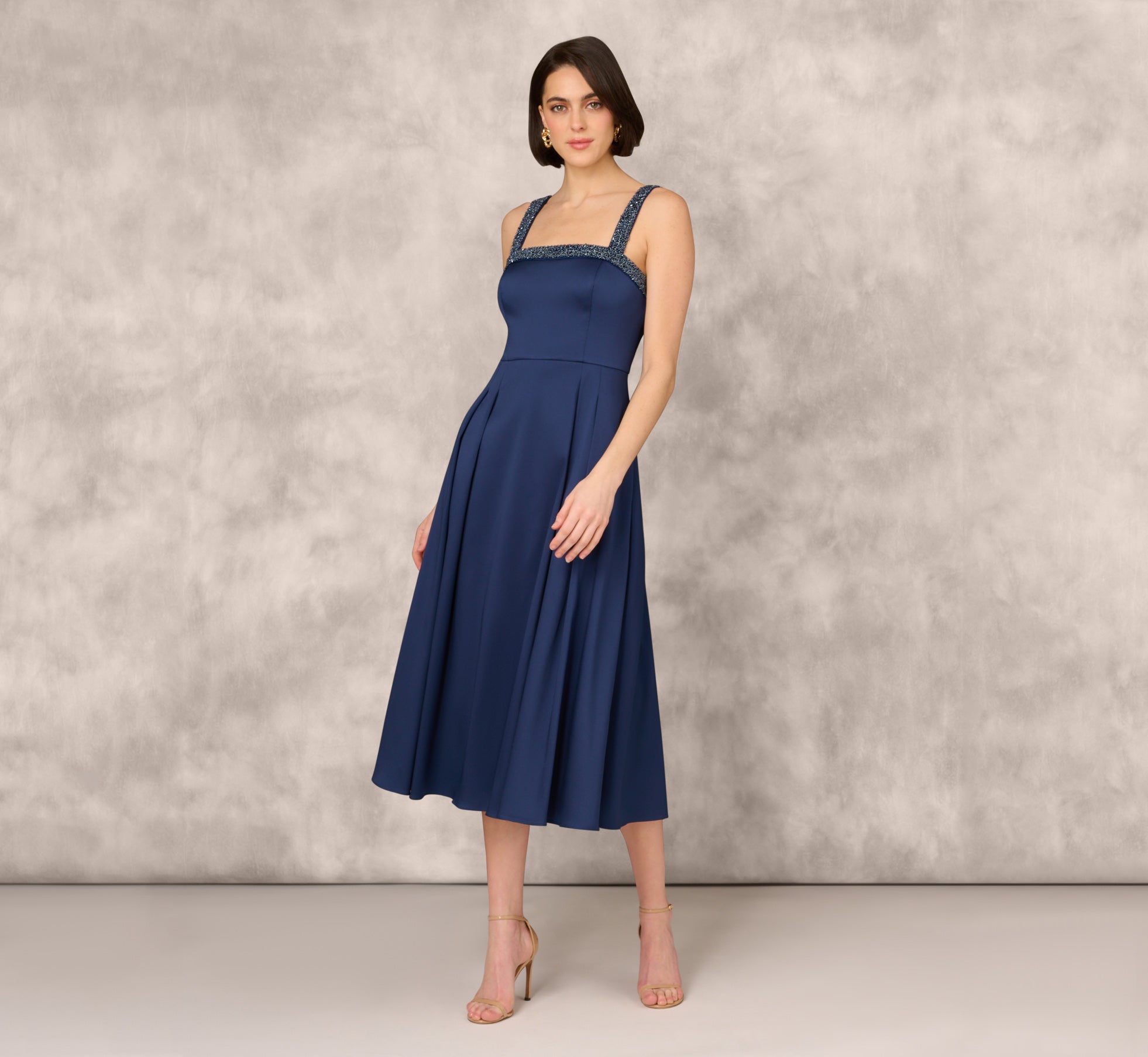 Navy Blue Stretch Mikado Midi Dress with Beaded Neckline & Straps - Perfect for Cocktail Parties & Evening Events