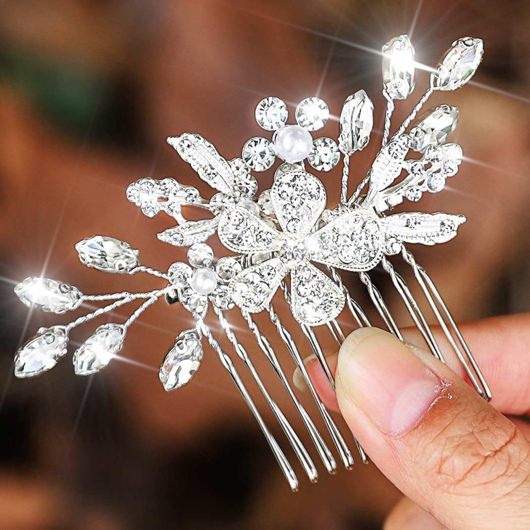 Sparkling Silver Rhinestone Flower Bridal Hair Comb – Elegant Wedding Hair Accessories for Women & Girls (A-Silver) | Perfect for Brides, Bridesmaids, Prom & Special Occasions