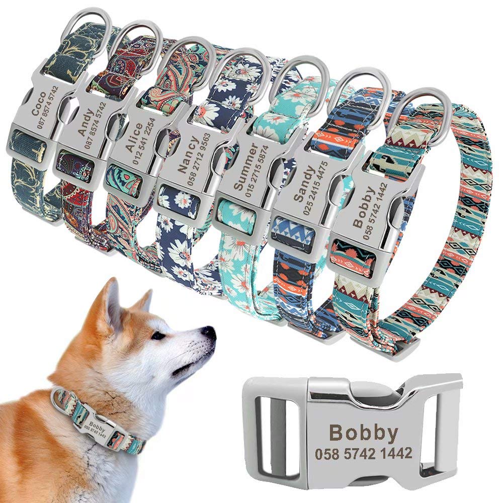 Beirui Soft Personalized Dog Collar for Small Medium Large Dogs - Custom Name Plate Floral Pattern Pet Collar (3/4