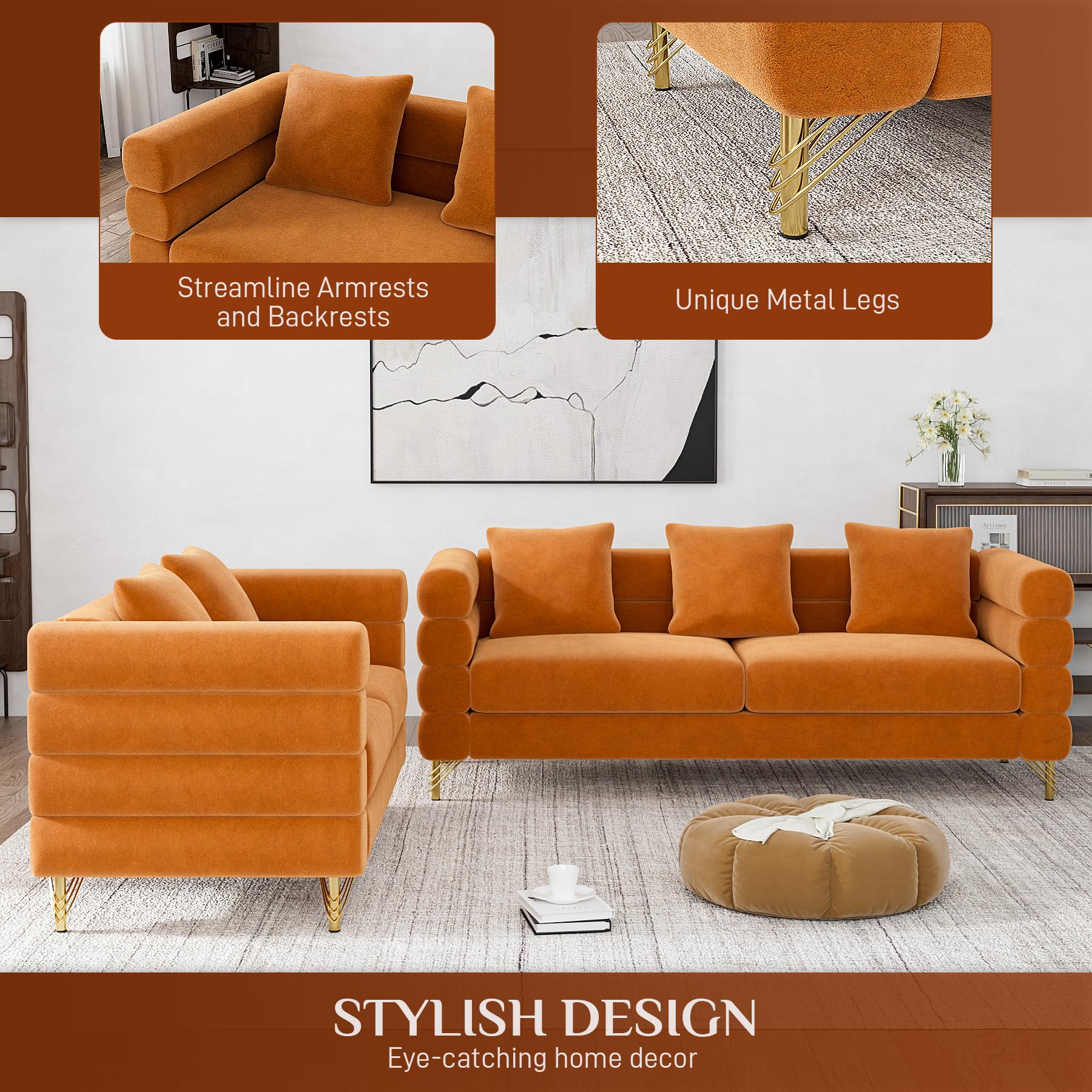 Modern Velvet Sofa and Loveseat Set - Overstuffed Deep Seat Cloud Couch with 5 Pillows, Oversized Chesterfield Furniture for Living Room & Bedroom (Orange) - Perfect for Small Spaces, Apartments and Cozy Home Decor