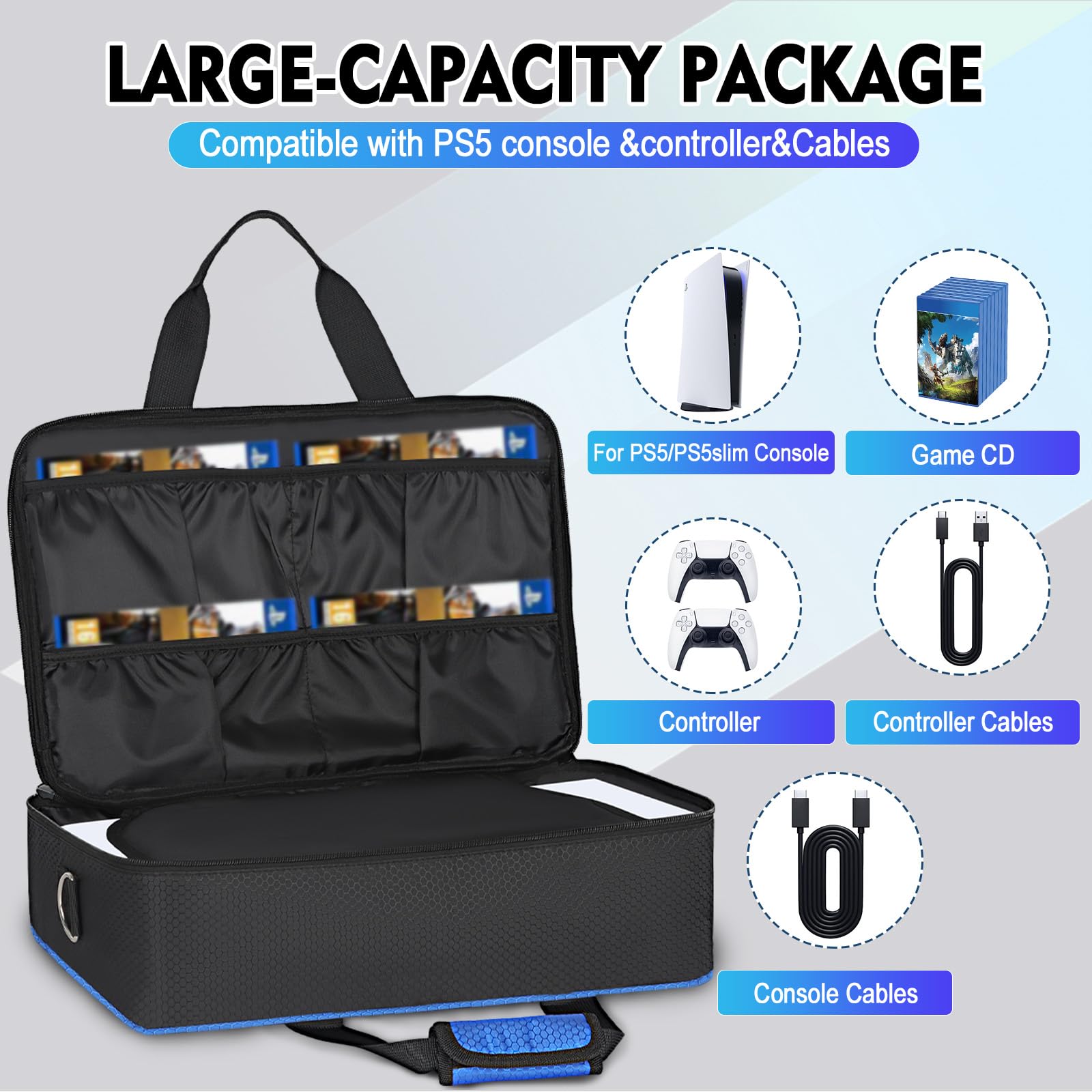 Premium Shockproof PS5 Slim & PS5 Travel Carrying Case - Compatible with PS5 Disc/Digital Edition & PS5 Slim - Durable Protective Bag for Gaming Console Storage & Travel (Black & Blue) - Perfect for Air Travel, Commuting & Home Storage