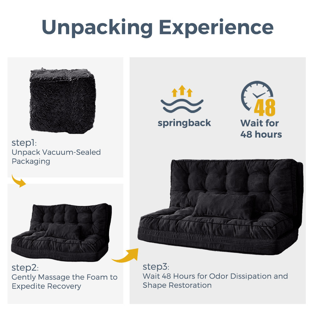 MAXYOYO Tufted Foldable Bean Bag Sofa Bed with Pillows - Black Floor Couch for Living Room, Bedroom & Dorm | Comfortable Lounge Chair for Relaxing, Reading & Gaming