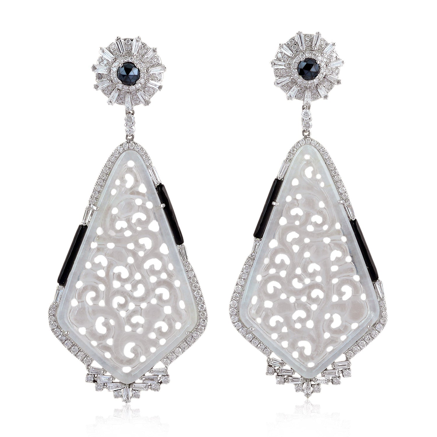 Exquisite Carved Jade & Multi-Gemstone Baguette Diamond Dangle Earrings in 14K White Gold – Elegant Jewelry for Weddings, Parties & Special Occasions