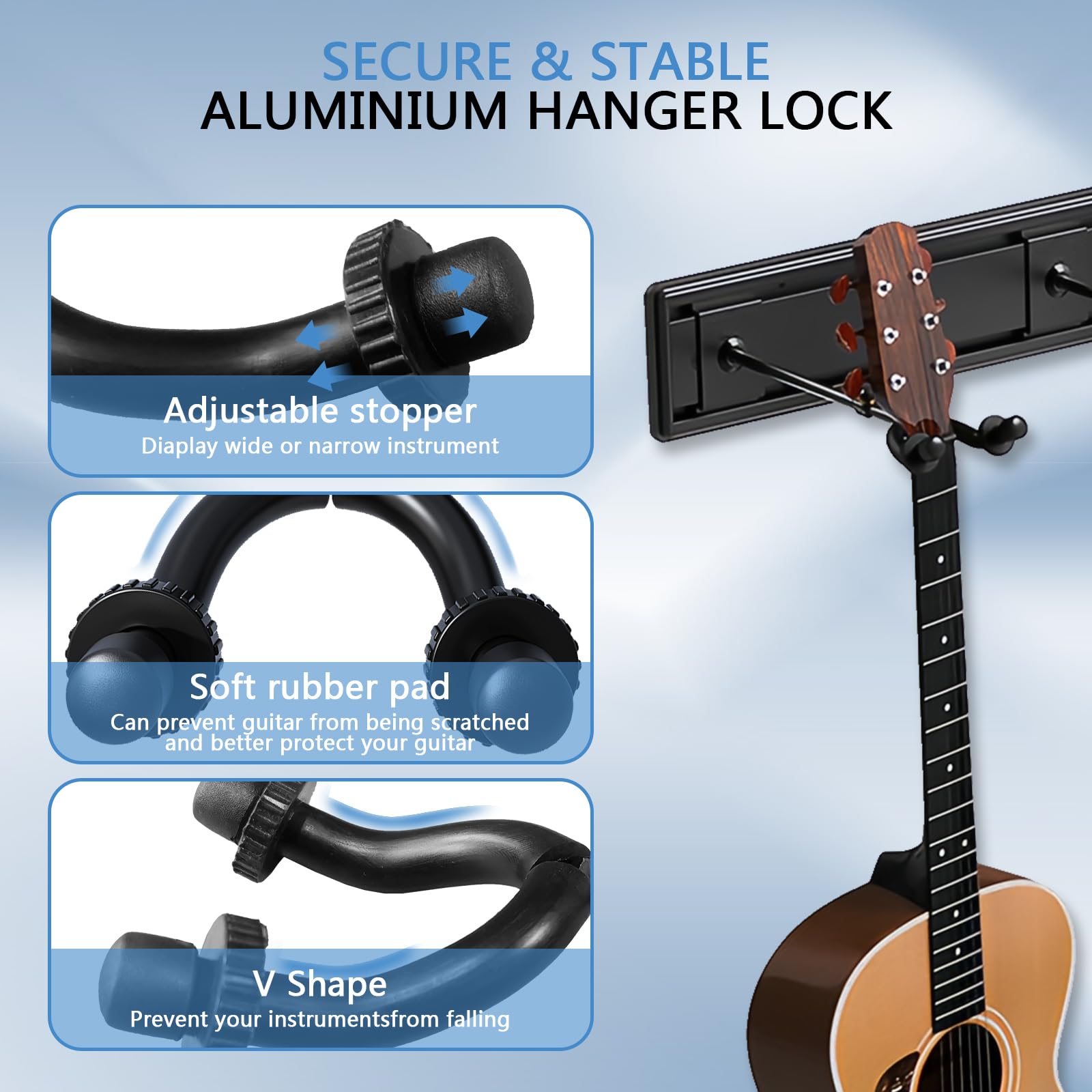 3-Guitar Wall Mount Hanger - Adjustable Aluminum Rack Holder for Acoustic, Electric & Bass Guitars - Space-Saving Storage Solution for Home Studios & Music Rooms