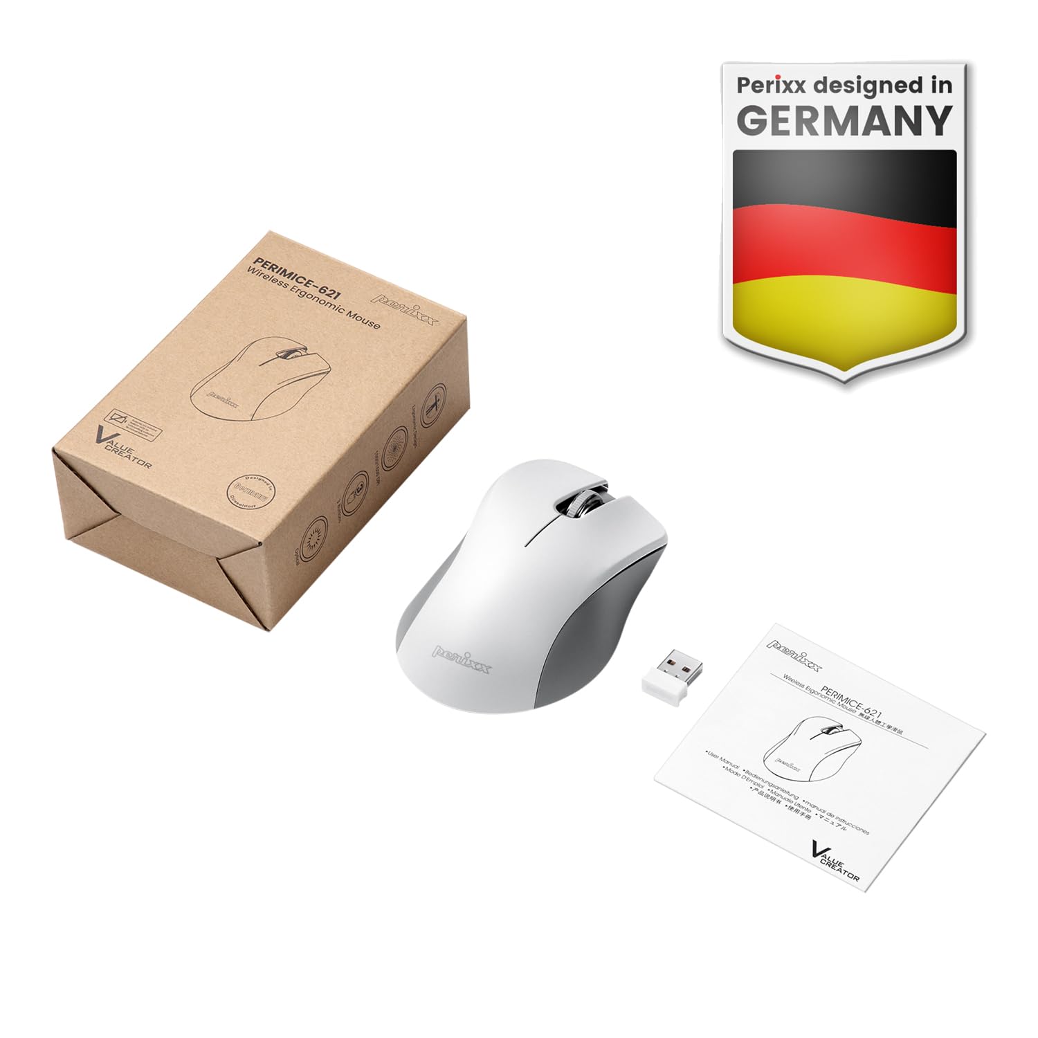 Perixx PERIMICE-621M Wireless Silent Mouse - Ergonomic Design, 2.4GHz USB Receiver for PC & Laptop - Beige - Perfect for Office, Home & Quiet Workspaces