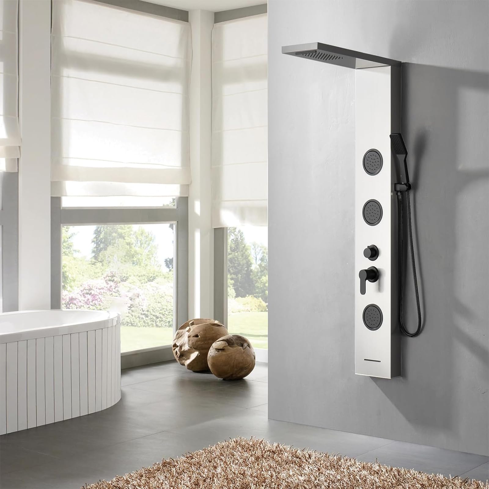 BWE 5-in-1 Shower Panel System with Rainfall Shower Head, Waterfall & Body Jets - Brushed Nickel & Black Tower for Luxurious Spa Experience - Perfect for Master Bathroom Renovation & Modern Home Upgrade