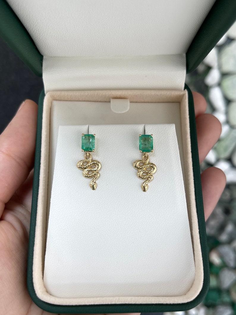 2.10tcw 14K Gold Natural Emerald Snake Dangle Stud Earrings for Women - Elegant Jewelry Gift for Birthday, Anniversary & Special Occasions