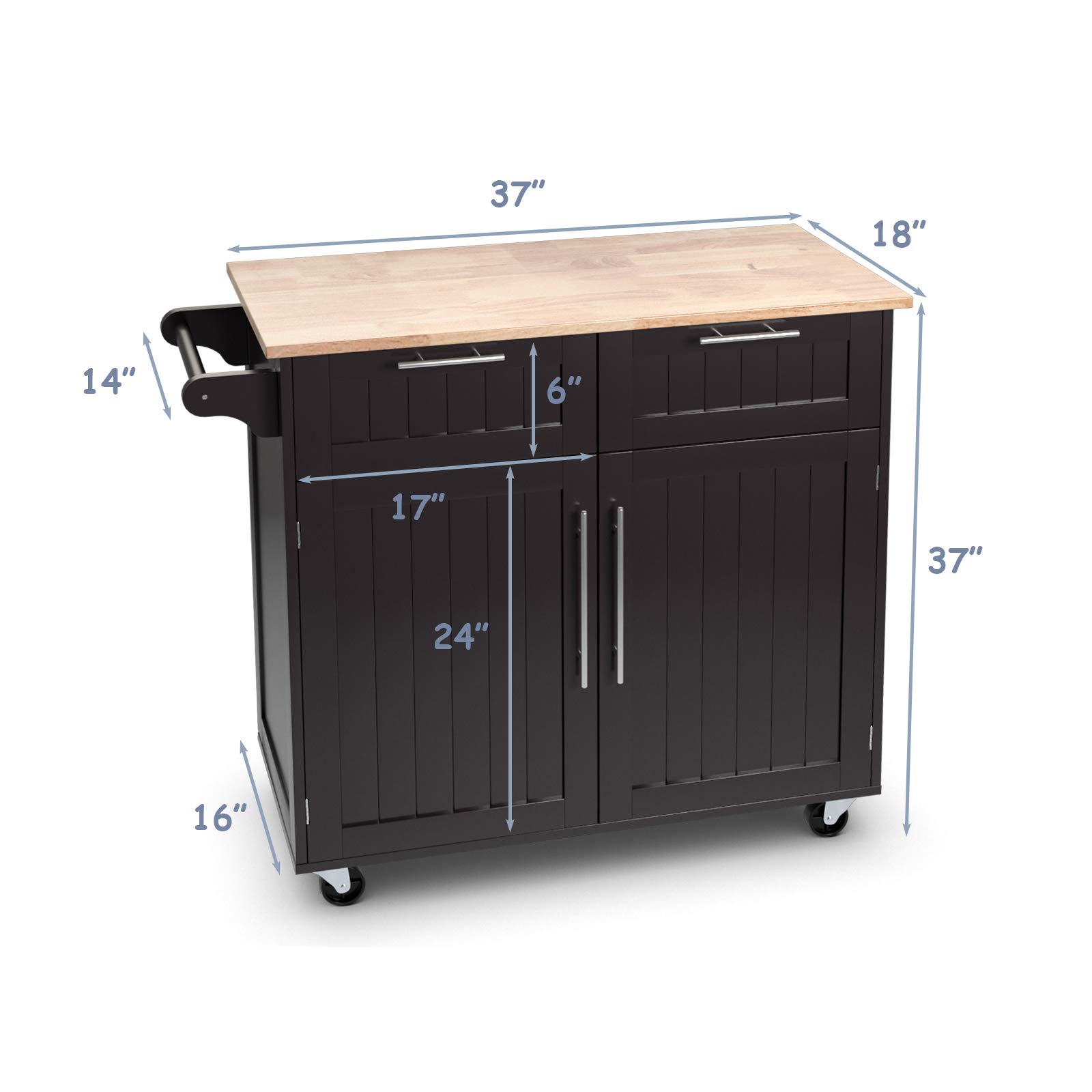 GLACER Mobile Kitchen Island Cart with Rubber Wood Top, Side Handle, Large Drawers & 2-Door Cabinet - 37 x 18 x 37 Inches, Brown | Rolling Kitchen Organizer for Small Spaces, Dining Room & Apartment Cooking