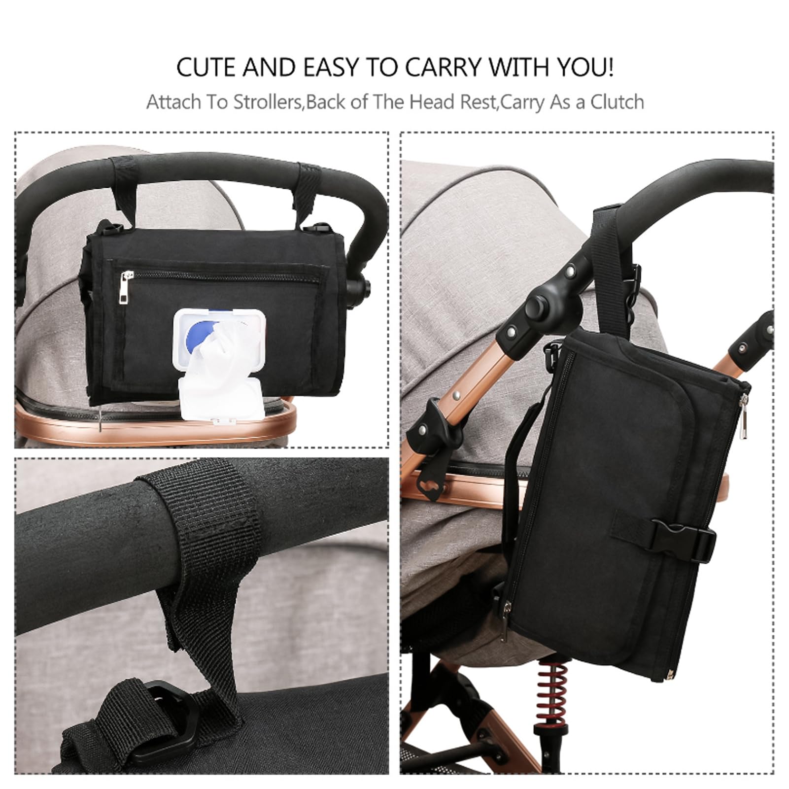 YOXIER Portable Baby Changing Pad - Waterproof Travel Diaper Changing Station with Built-in Head Pillow | Oxford Cloth for On-the-Go Parents | Perfect for Car, Stroller & Airplane Travel (Black)