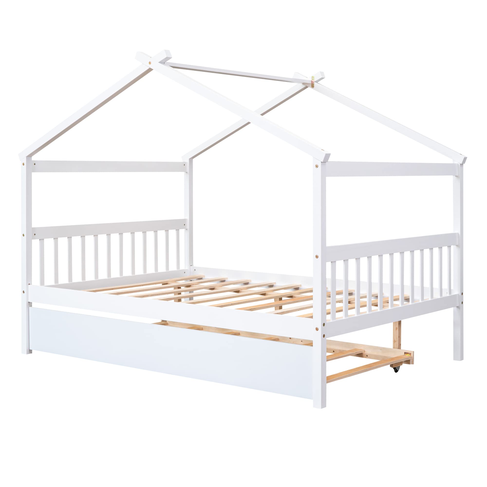 Bellemave Full Size House Bed with Twin Trundle - White Wooden Playhouse Bed with Roof for Kids' Bedroom, Nursery, or Playroom - Fun and Functional Children's Furniture