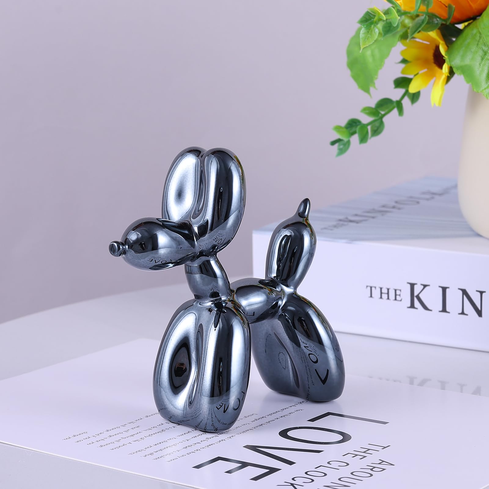 Black Balloon Dog Sculpture - Modern Gold Balloon Animal Decor for Preppy Room, Shelf, Desk & Office - Cute Home Decor Statue for Bedroom, Living Room & Workspace