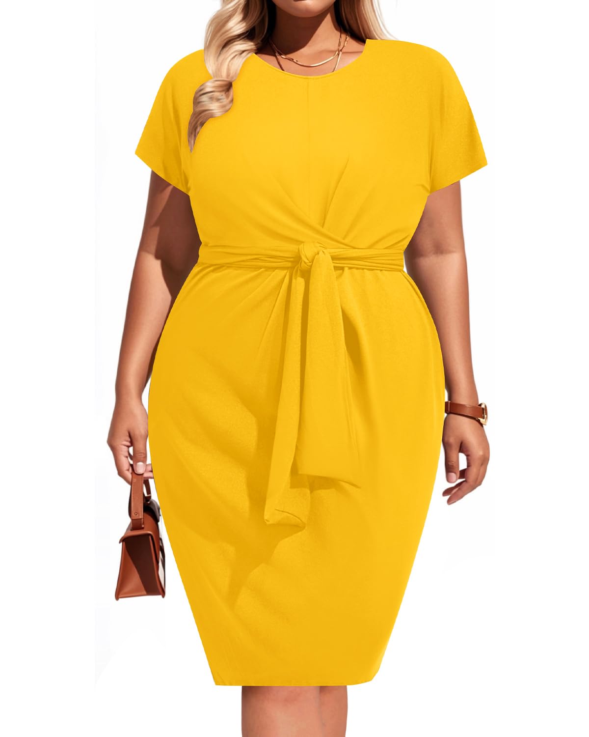 Mustard Yellow Plus Size Women's Dress - Elegant Church, Work, Business & Semi-Formal Attire | Wedding Guest & Cocktail Party Knee-Length Dress for Women