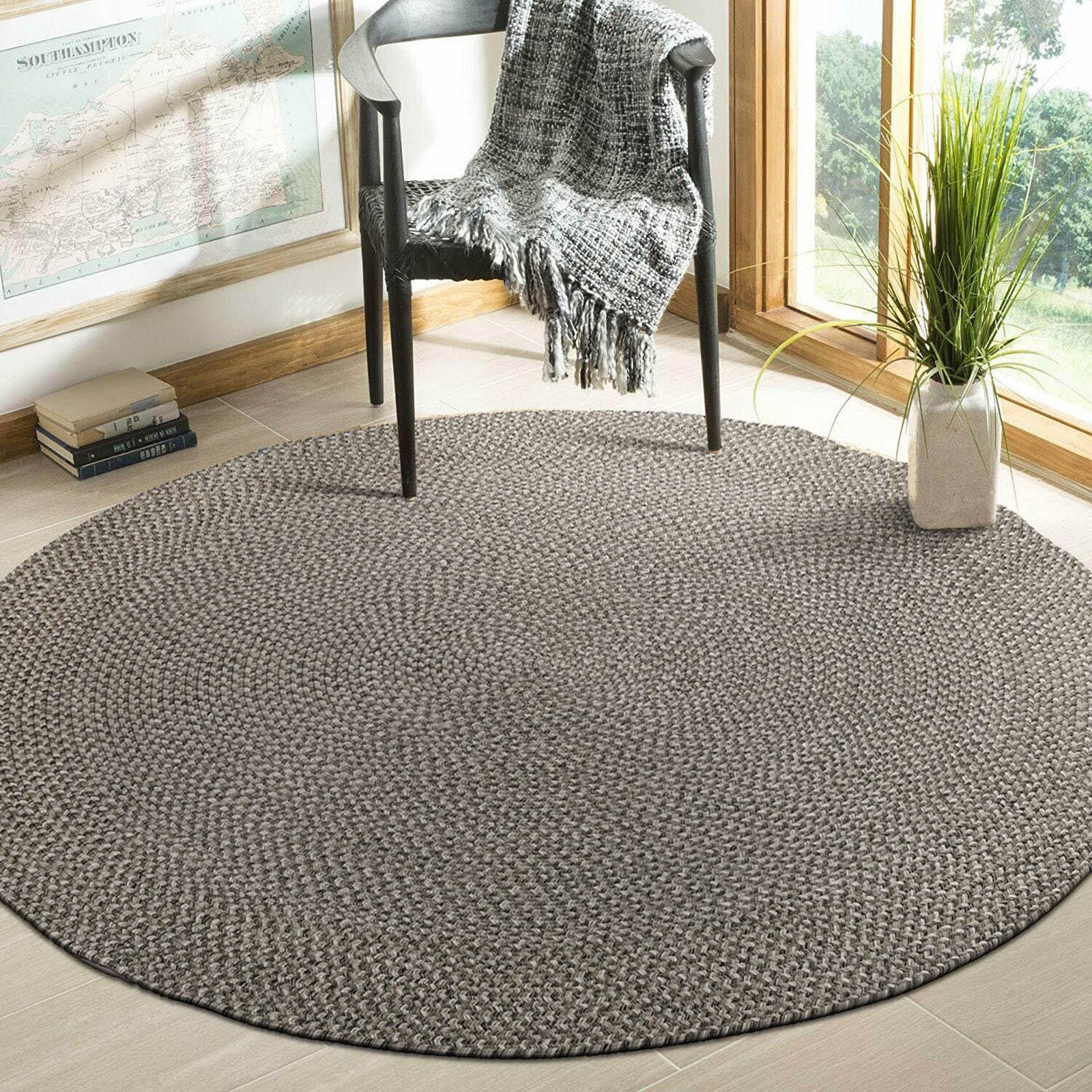 DECOMALL Azure Braided Indoor Outdoor Area Rugs - 8' x 8' Round, Grey - Non-Slip, Durable & Waterproof - Perfect for Patio, Deck, Living Room & Bedroom Decor