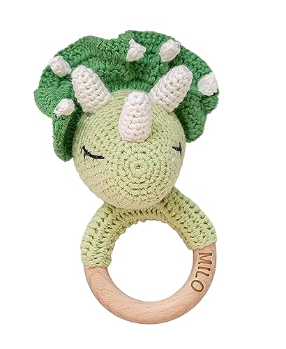 Personalized Crochet Dinosaur Baby Rattle with Wooden Teether Ring - Custom Name Baby Shower Gift for Boys, Girls & Newborns | Gender Neutral New Mom Present with Gift Bag | Perfect for Nursery Decor, Teething Relief & First Birthday