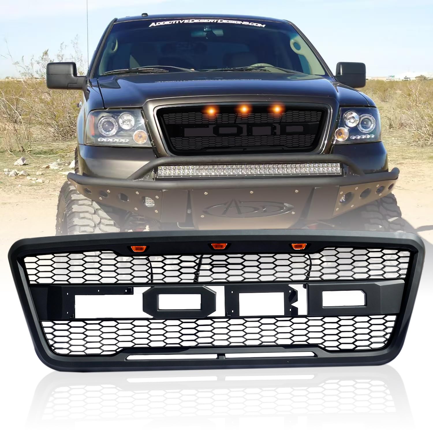 Ford F150 Front Grille Replacement 2004-2008 | Raptor Style Mesh Grill with 3 Amber LED Lights | Matte Black | Perfect for Off-Roading & Truck Customization
