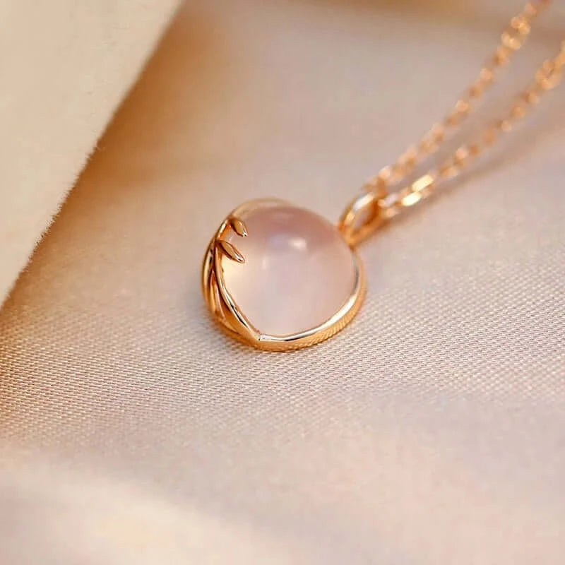 Blush Pink Rose Quartz Leaf Pendant Necklace - Elegant Healing Crystal Jewelry for Women | Perfect for Valentine's Day Gifts, Spiritual Healing & Everyday Wear | TB1082