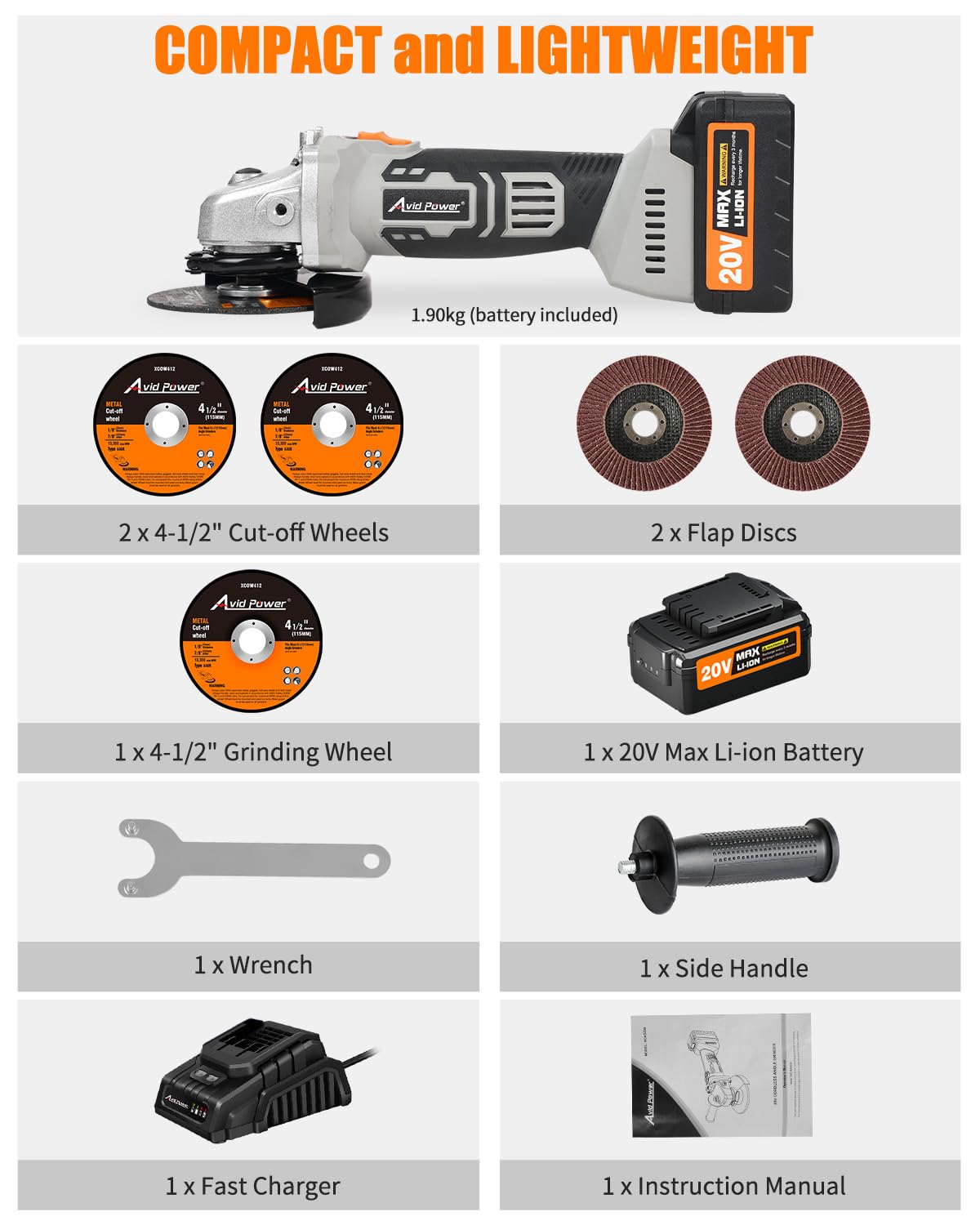 AVID POWER 20V Cordless Angle Grinder with 4-Pole Motor - Includes 3.0Ah Battery, Fast Charger, 4-1/2