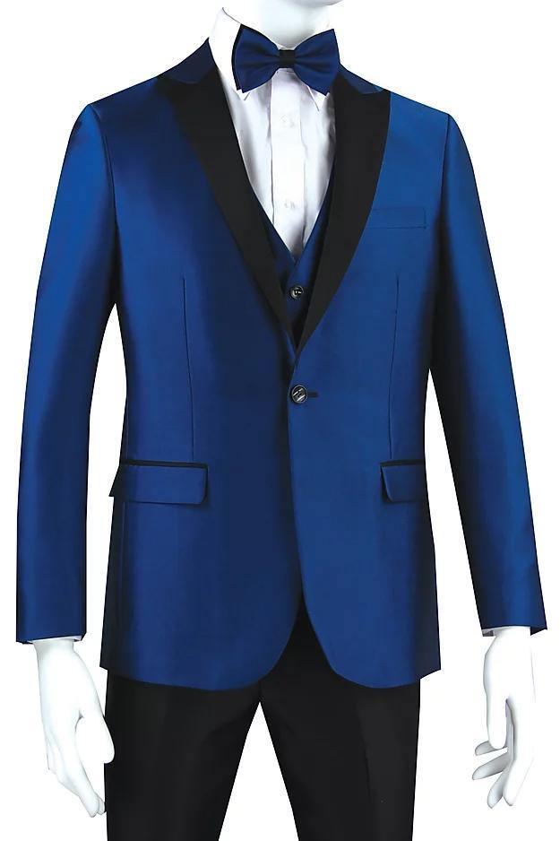Blue Slim Fit Tuxedo with Black Peak Lapel & Matching Pants | Formal Wedding Suit, Prom, Black Tie Event, Gala Outfit