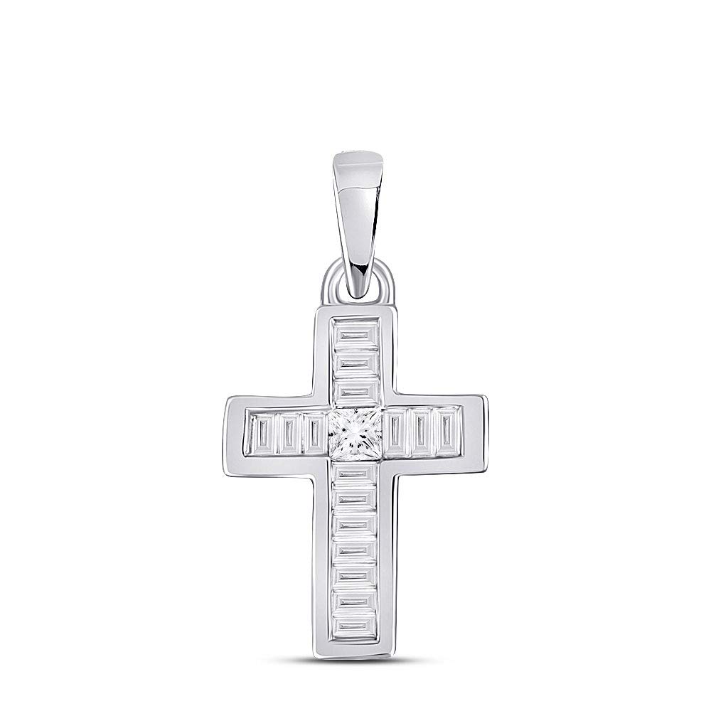 10K White Gold Women's Princess Cut Diamond Small Cross Pendant Necklace - 1/6 CTTW, Elegant Religious Jewelry Gift for Baptism, First Communion & Everyday Wear