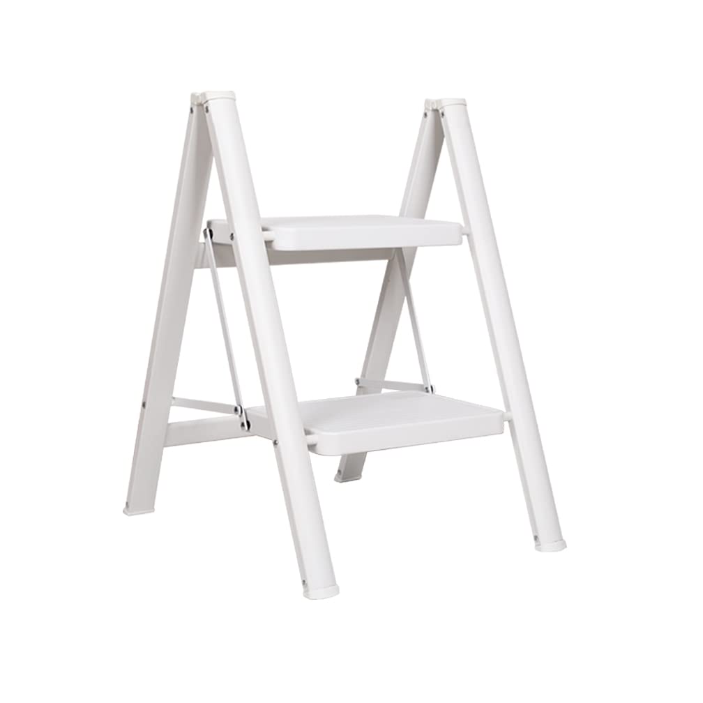 Hershii Lightweight 2-Step Folding Ladder with Wide Anti-Slip Pedal - Heavy Duty Stepladder for Home, Kitchen, Office, and Garden - Perfect as Plant Stand, Shelf, or Storage Rack - White