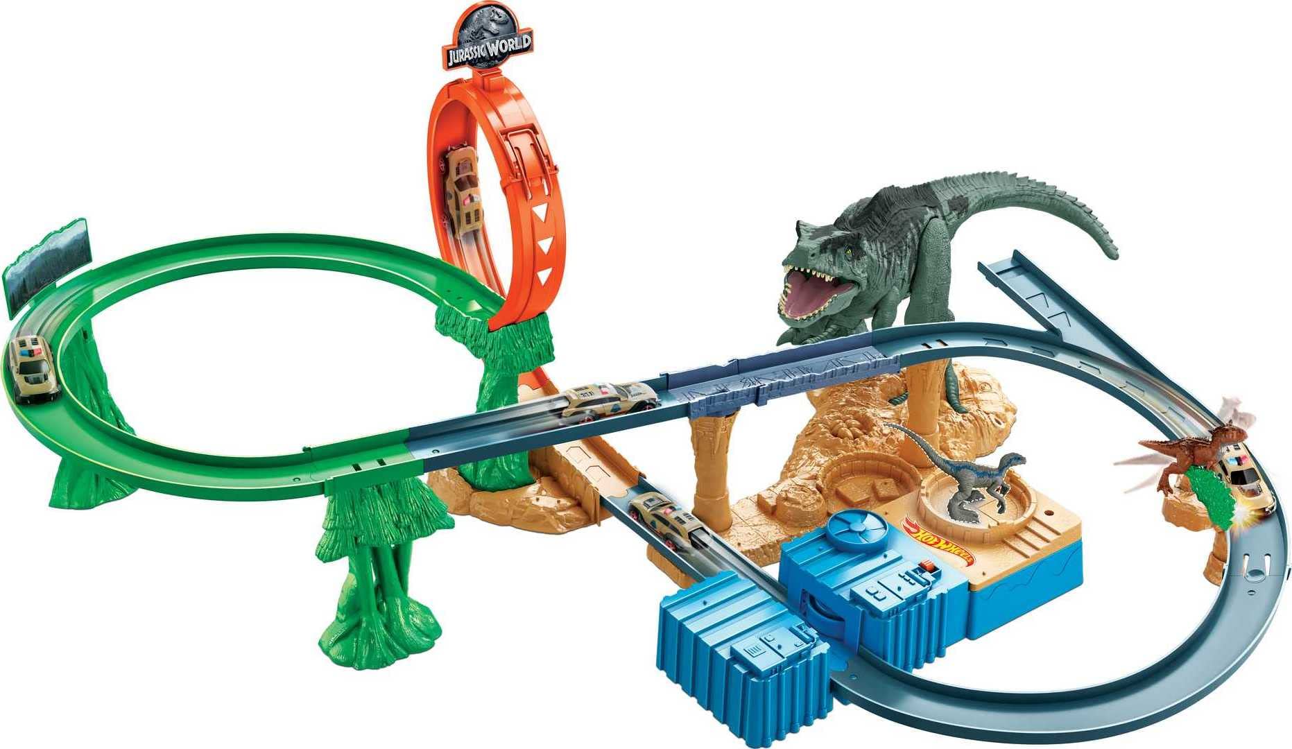 Hot Wheels Jurassic World Dominion Toy Cars & Track Set - Motorized Clash 'n Crash Playset with T-Rex Dinosaur, Booster & 1:64 Scale Die-Cast Car for Kids - Dinosaur Battle Racing Game for Birthday Gifts & Indoor Play