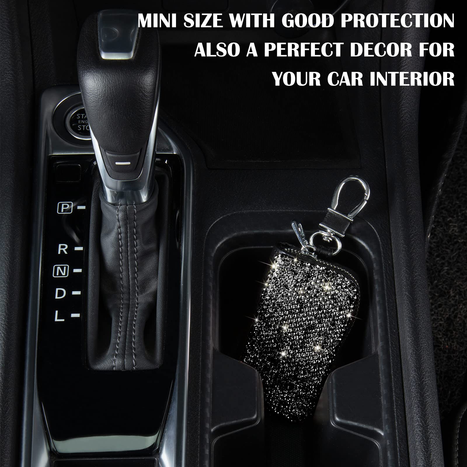 5-Pack Black Leather Car Key Case with Metal Hook & Keyring - Zipper Pouch for Remote Key Fobs, Bling Crystal Keychain - Perfect for Women's Handbags, Purses & Daily Organization (Auto Smart Key Holder)