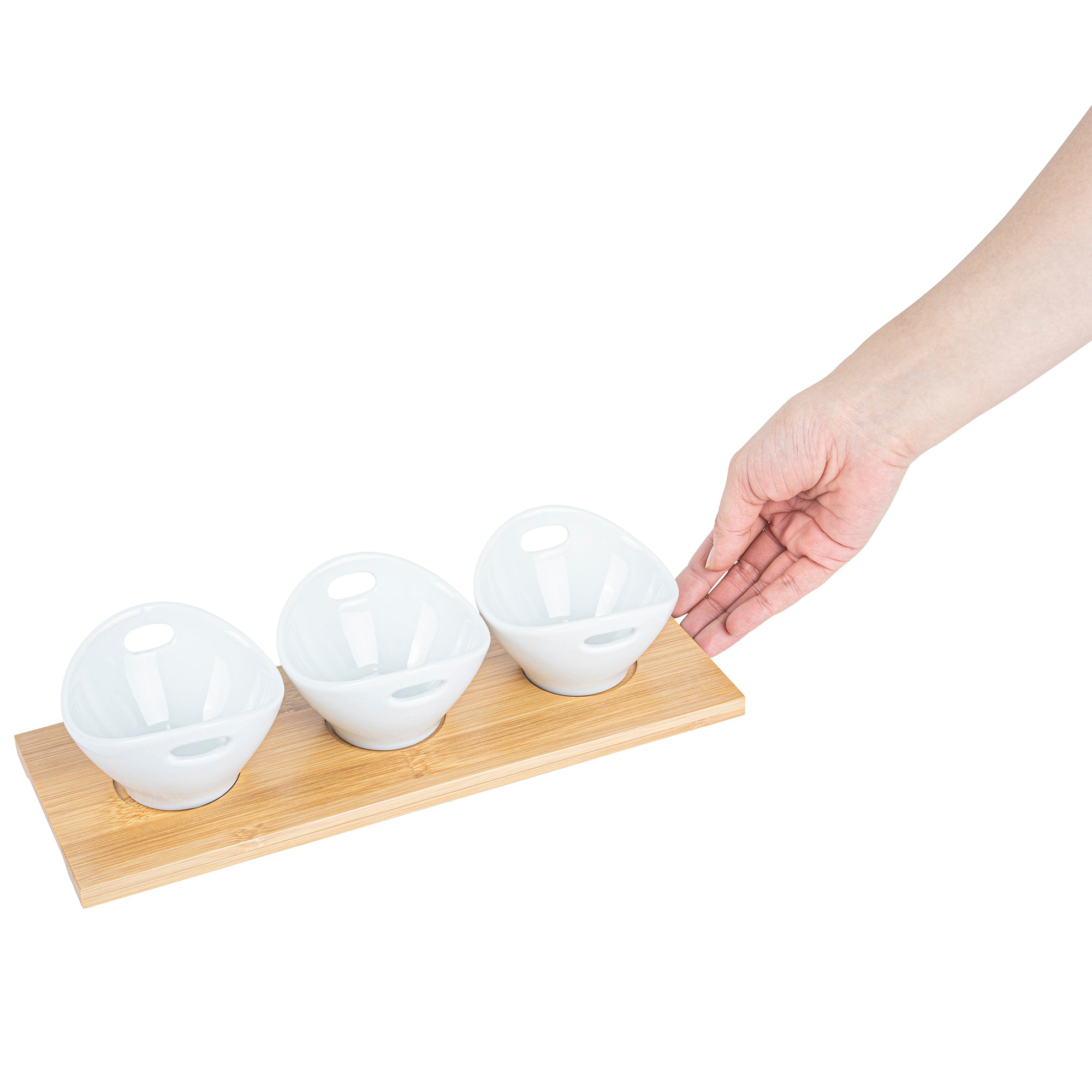6 oz White Porcelain Rectangular Basket Bowls Set of 3 with Bamboo Tray - 11.75