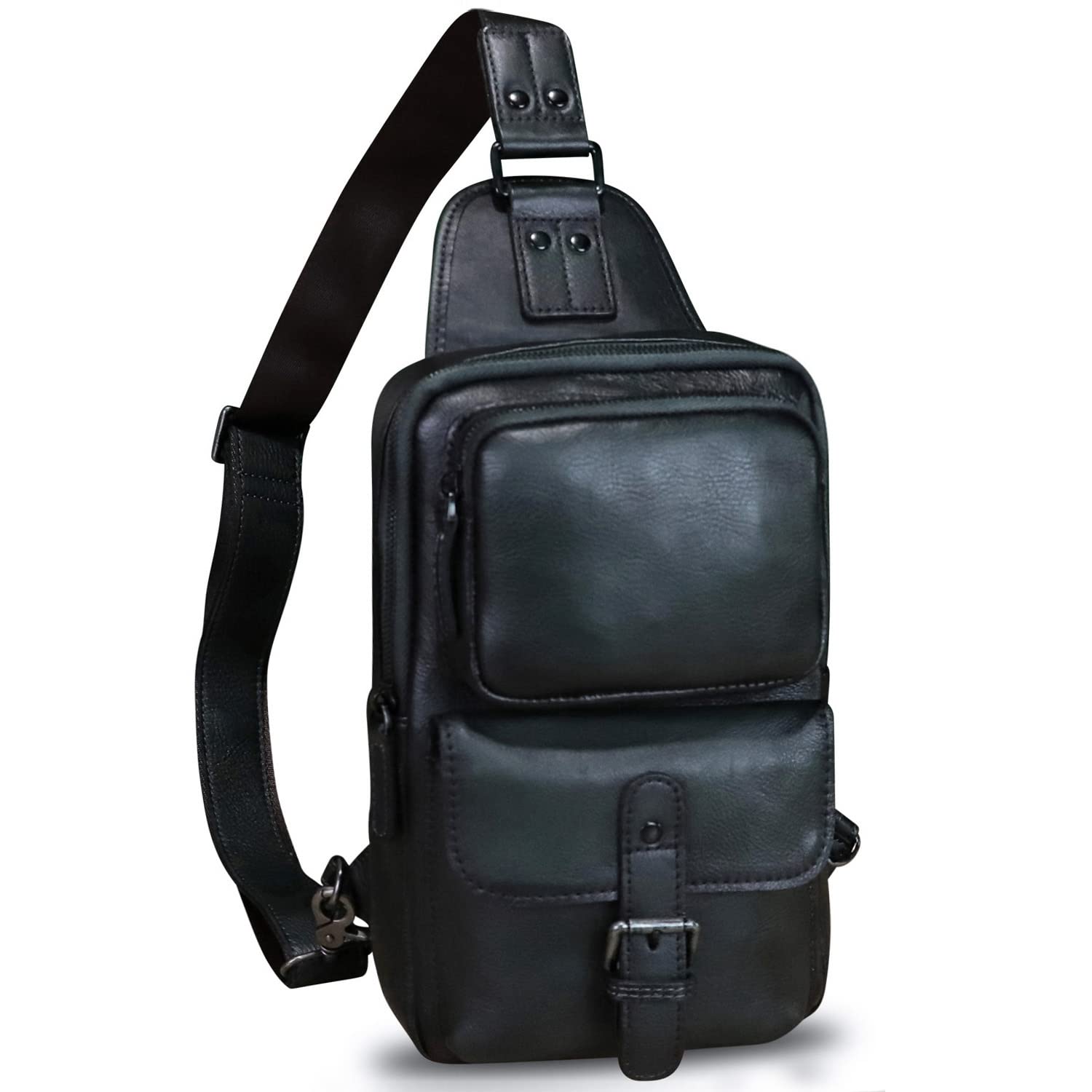 LRTO Genuine Leather Sling Bag - Crossbody Motorcycle Bag for Men & Women - Handmade Vintage Shoulder Backpack for Hiking, Travel & Daily Use - Dark Grey Chest Daypack (Perfect for Biking, Commuting & Outdoor Adventures)