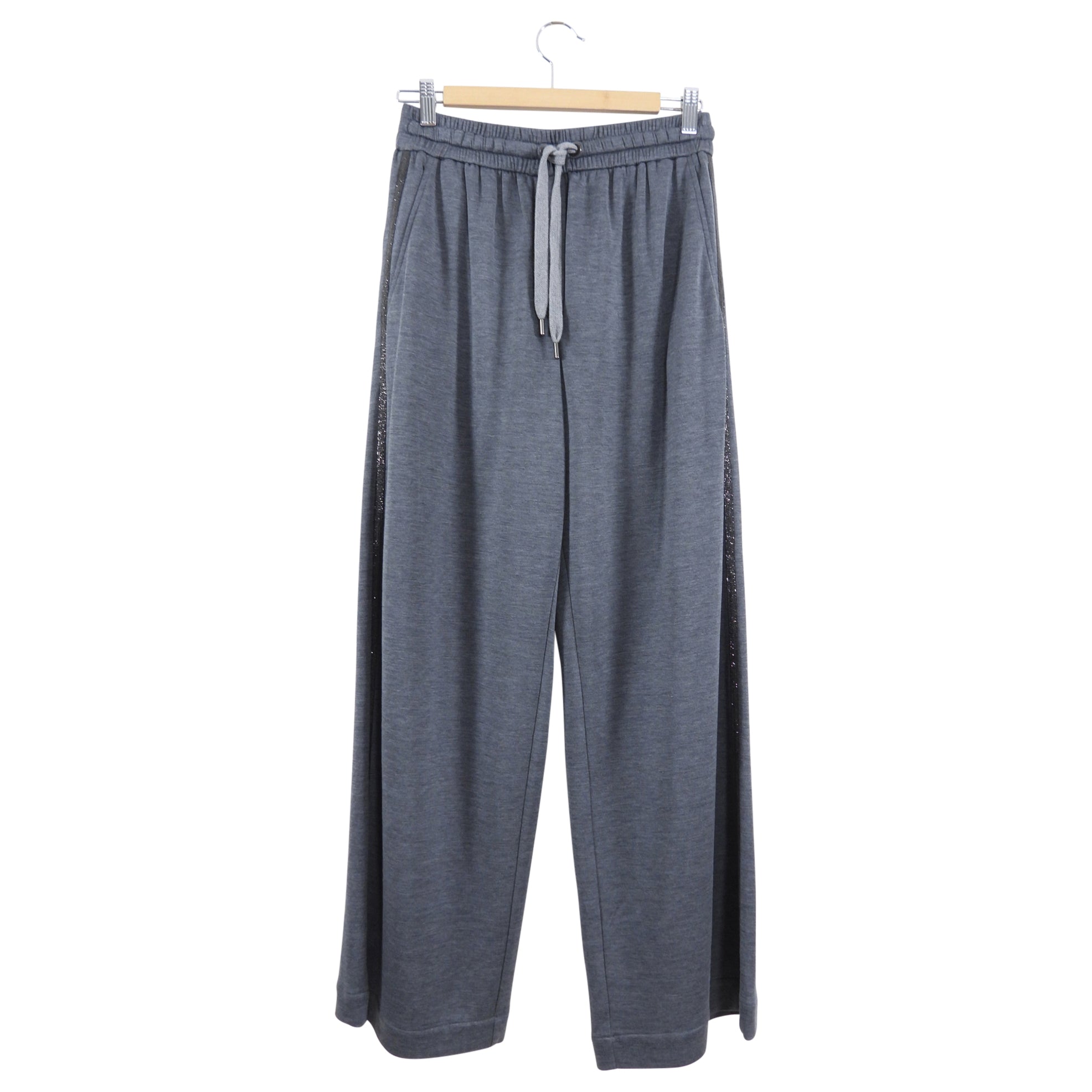 Brunello Cucinelli Grey Wide Leg Monili Stripe Jogging Pants for Women - Comfortable Lounge Pants for Casual Wear, Yoga & Travel