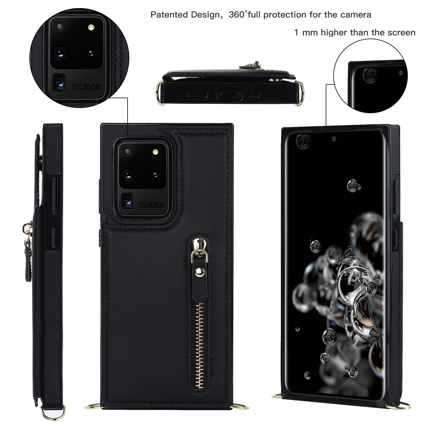 RFID Blocking Crossbody Wallet Case for Samsung Galaxy S20 Ultra - PU Leather Magnetic Flip Folio Purse with Detachable Lanyard & Card Slots | Perfect for Travel, Shopping & Daily Use (Black)