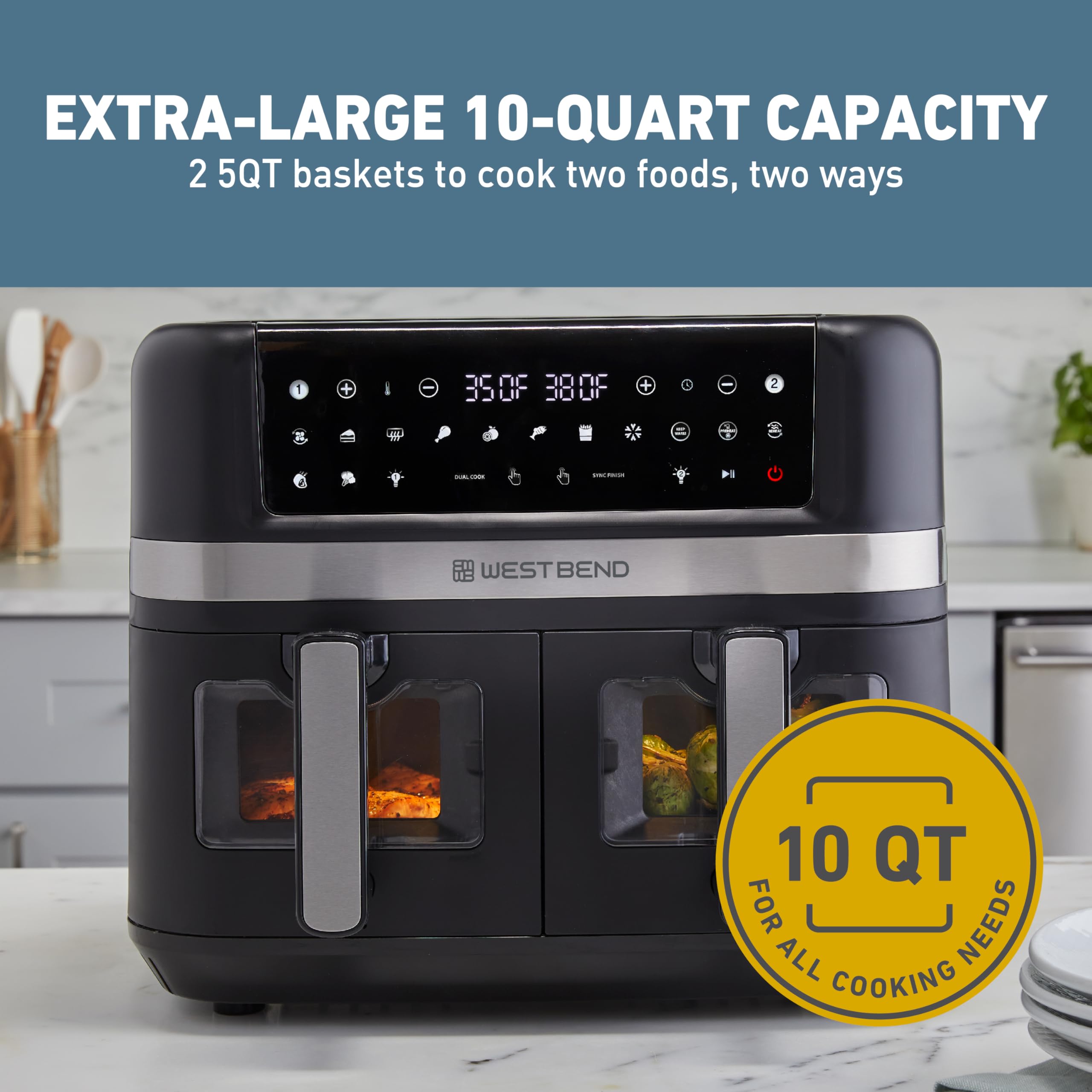 West Bend 10-Quart Dual Basket Air Fryer with Digital Controls, View Windows & 15 Presets - Nonstick Frying Baskets, Dual Zone Cooking, 1600W - Perfect for Family Meals, Healthy Snacks & Quick Weeknight Dinners - Black