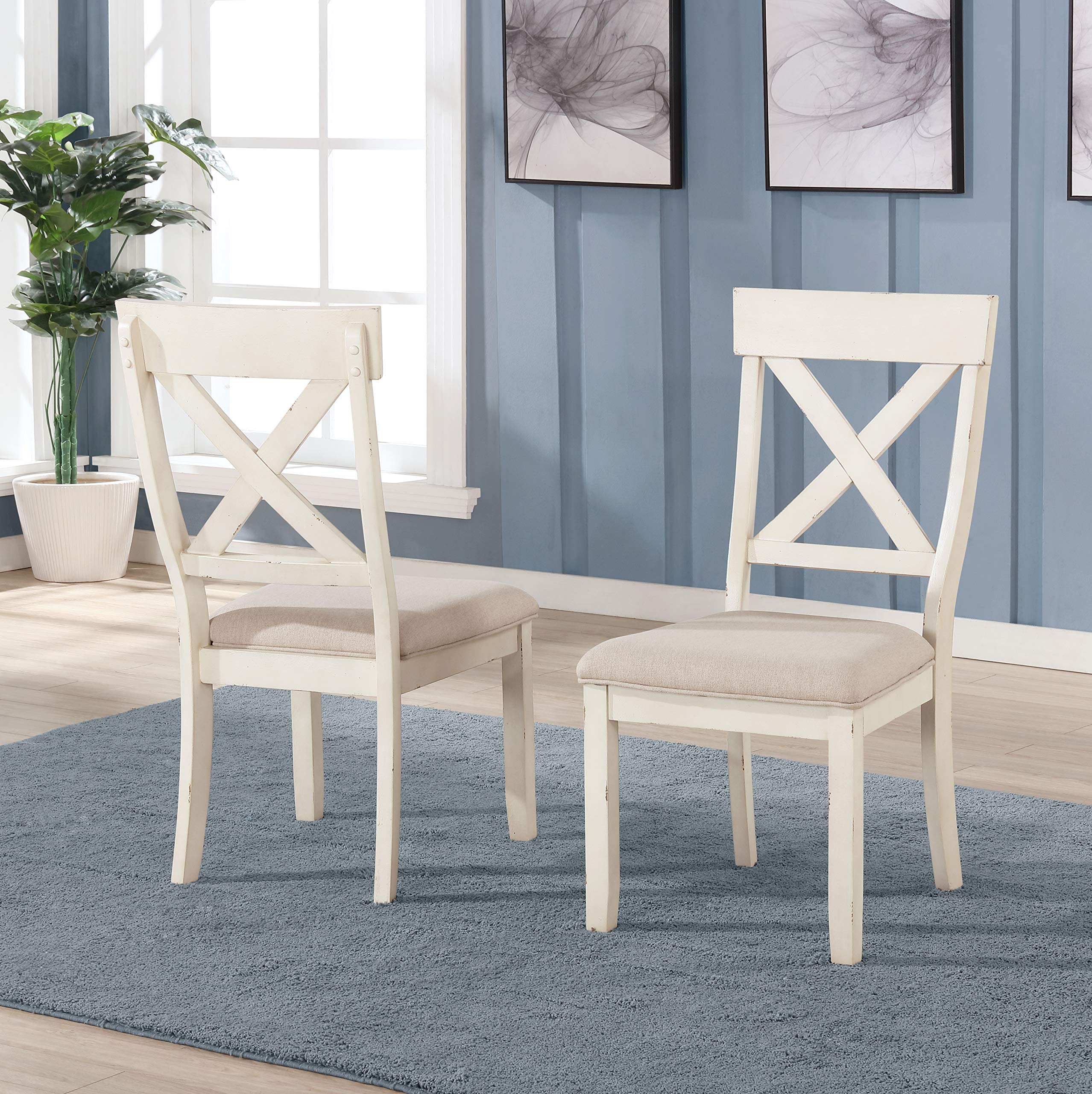 Roundhill Furniture Prato Wood Cross Back Upholstered Dining Chairs Set of 2 - Antique White & Tan - Modern Farmhouse Style for Kitchen, Dining Room & Restaurant