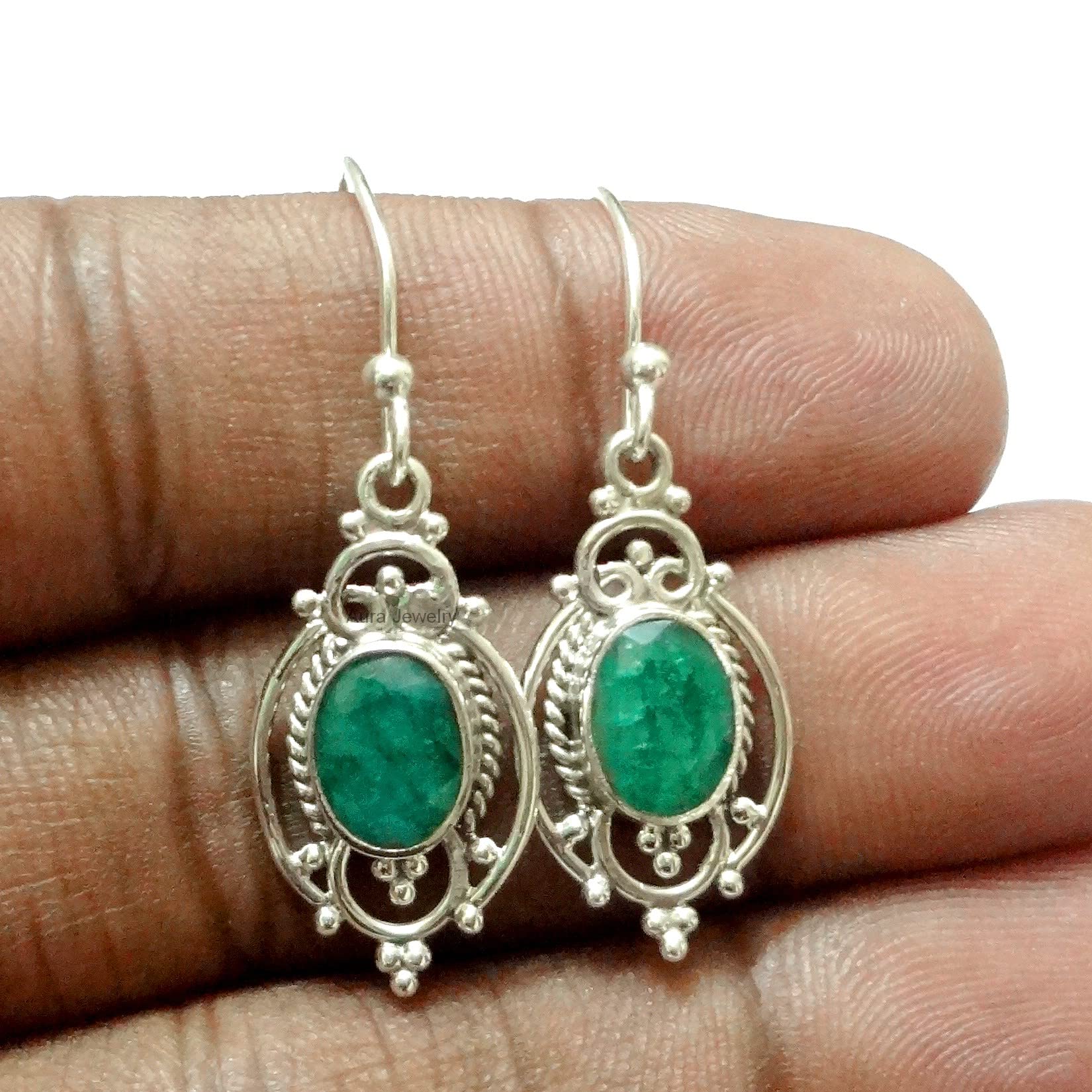 925 Sterling Silver Emerald Dangle Earrings for Women - May Birthstone, Bezel Set Oval Green Gemstone, Hypoallergenic Handmade Jewelry | Perfect Christmas Gift, Birthday Present & Special Occasion Accessory