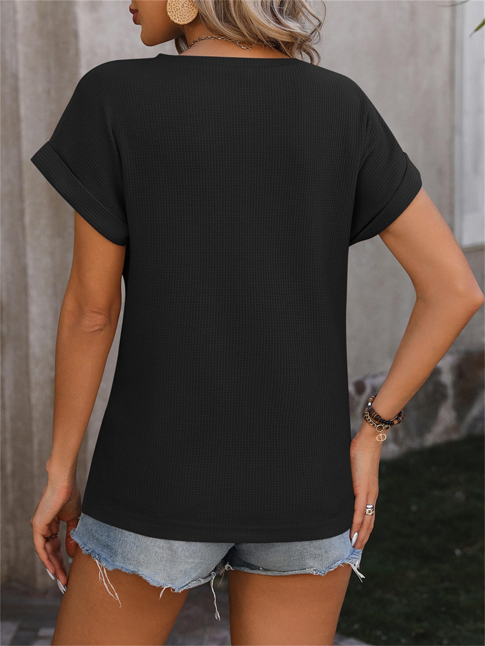 Women's Casual Short Sleeve T-Shirt - Cute Twist Knot Waffle Shirt - Loose Fit Tops for Summer Outfits, Beach Wear & Everyday Comfort