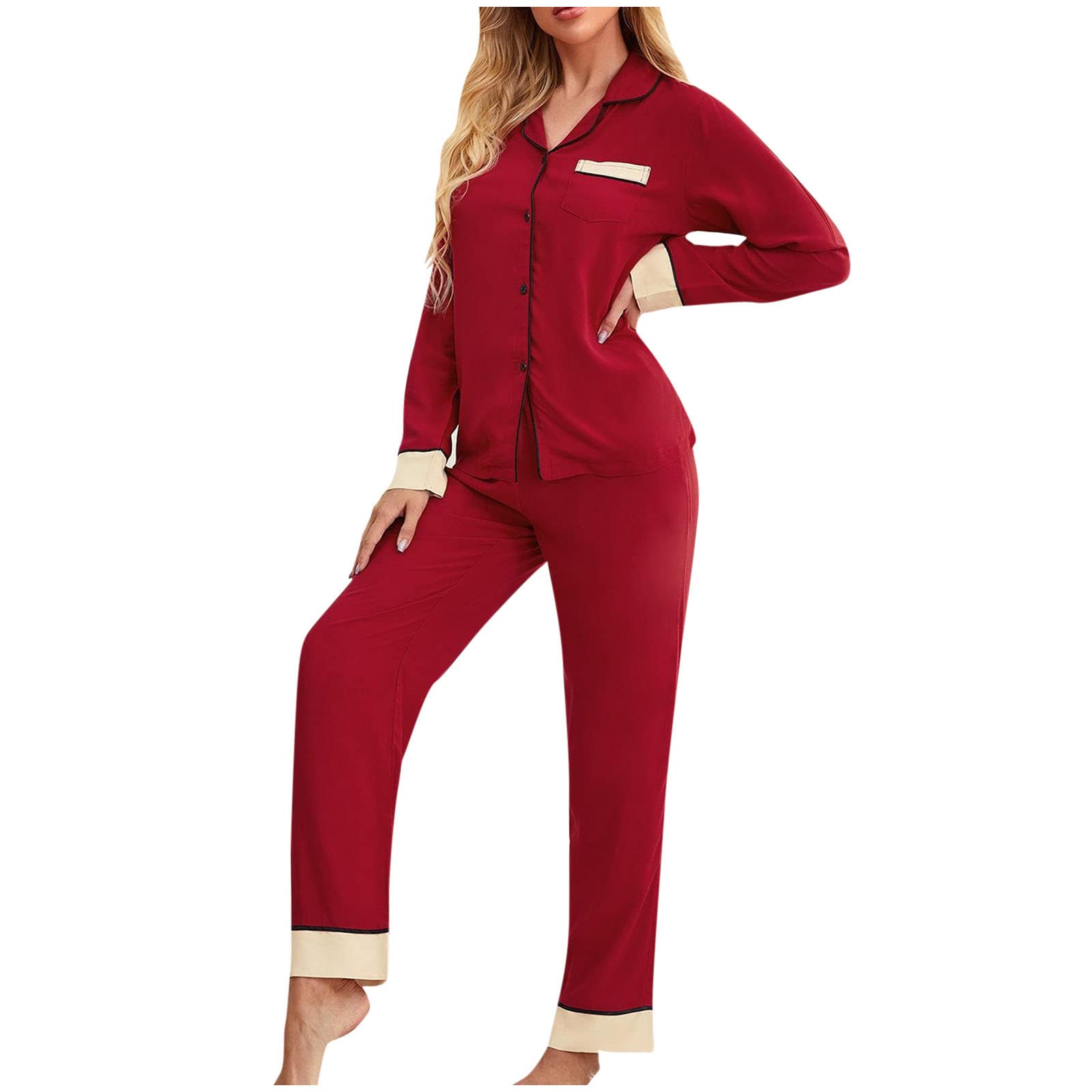 HAOLEI Women's Pajama Sets - 2-Piece Long Sleeve V-Neck Button Down Shirt & Lounge Pants, Solid Color Nightwear for Autumn/Winter | Cozy Sleepwear, Loungewear for Relaxing at Home, Perfect Gift for Her