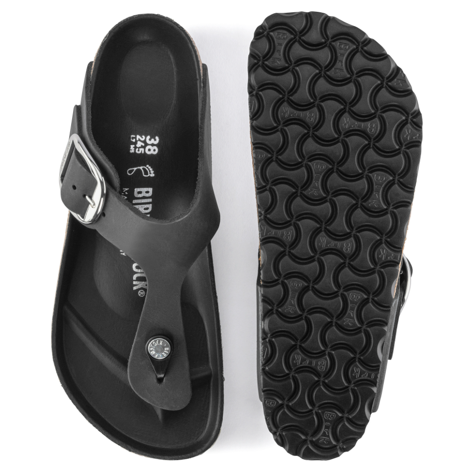 Birkenstock Women's Gizeh Big Buckle Sandals - Black Oiled Leather - Comfortable Arch Support for Walking, Travel & Casual Wear