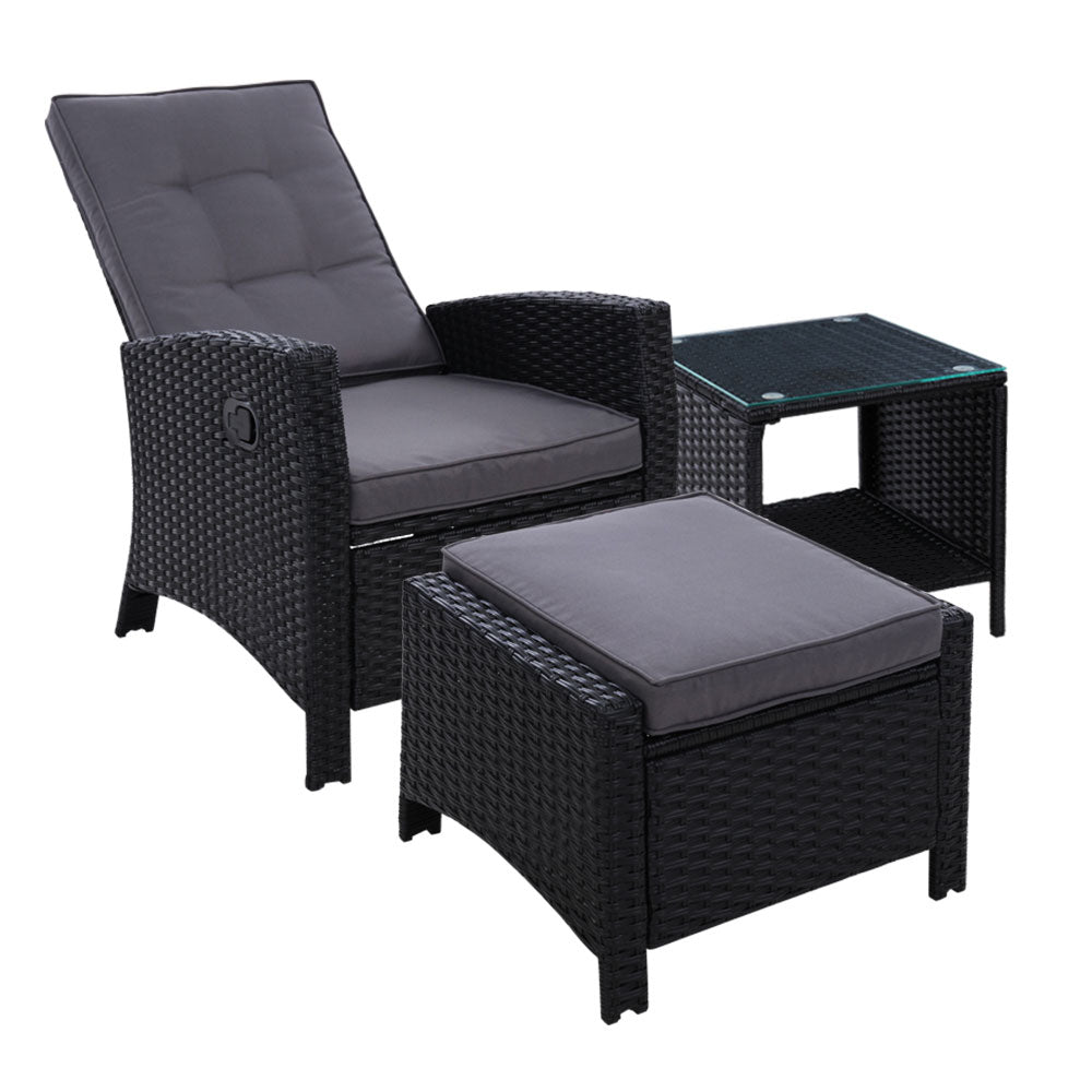 3 Piece Elise Outdoor Recliner Chair Set with Ottoman and Side Table - Patio Furniture for Backyard, Poolside, Garden Relaxation - Black