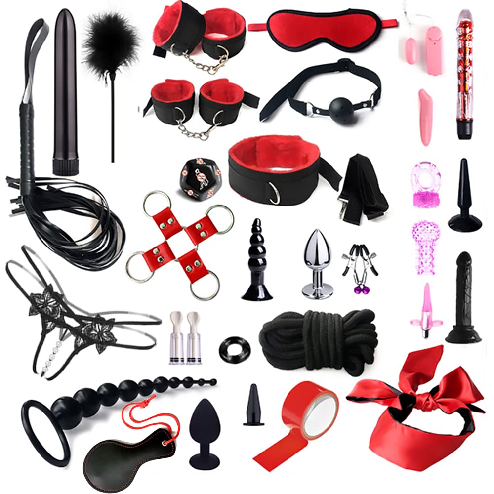 Premium BDSM Bondage Kit for Couples - 32-Piece Restraint Set with Bed Straps, Wrist & Ankle Cuffs, Blindfold & Tickler - Adult Sex Toys for Sensual Play, Roleplay & Spicing Up Your Bedroom - Perfect for Couples & Fetish Enthusiasts