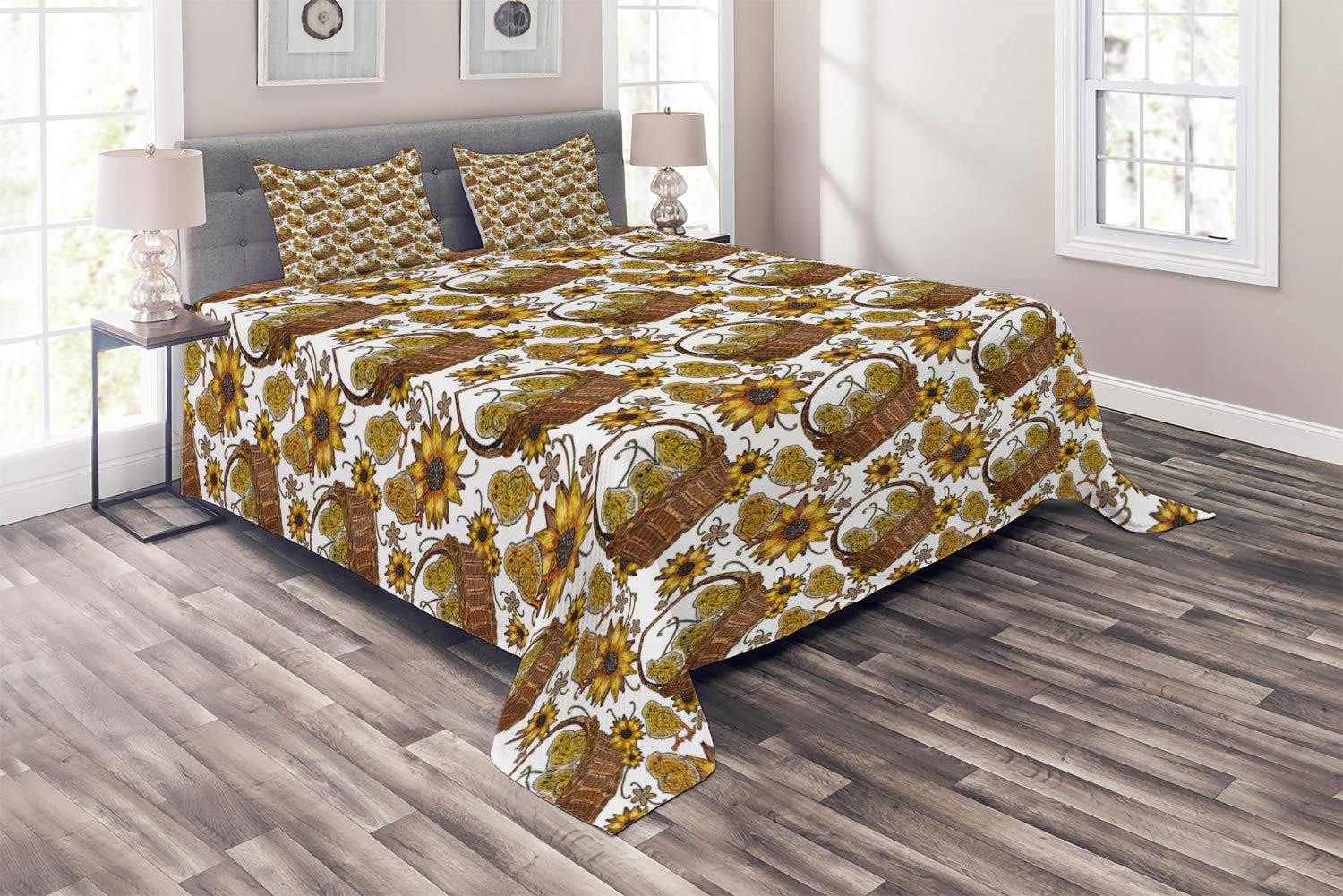 Ambesonne Yellow Bird Coverlet - Vintage Style Sketch of Little Chickens in Baskets with Flowers - 3 Piece Decorative Quilted Bedspread Set with 2 Pillow Shams - King Size Multicolor - Perfect for Farmhouse, Cottage, or Vintage Themed Bedrooms