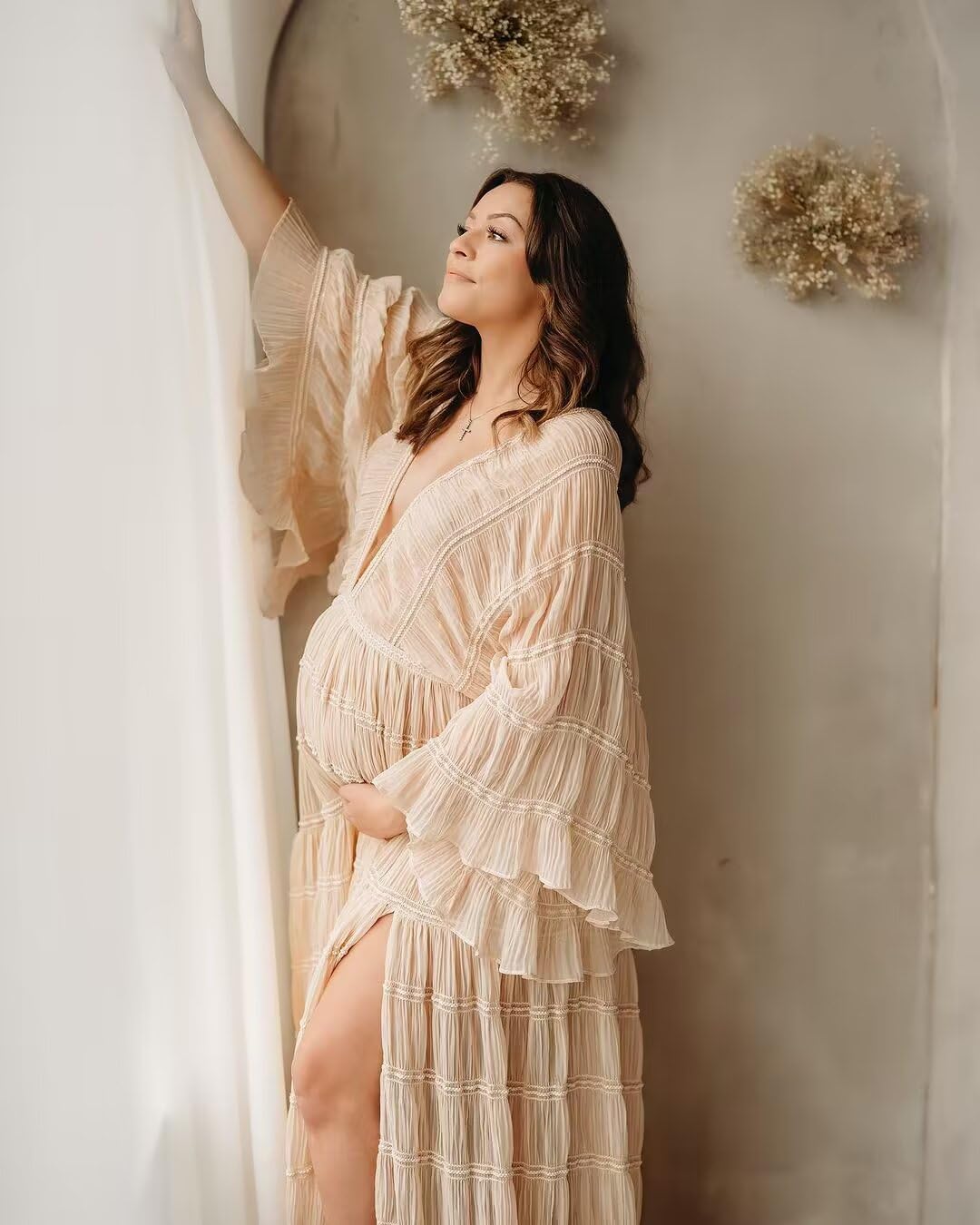 Boho Off Shoulder Tulle Maternity Dress for Photoshoot, Baby Shower & Bridal Lingerie - Elegant Pregnancy Gown for Special Occasions