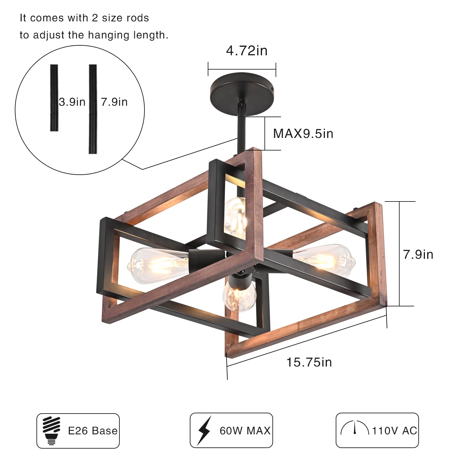 HuisMier 4-Light Farmhouse Ceiling Light Fixture - Rustic Wood & Metal Semi-Flush Mount Chandelier in Black - Industrial Style Lighting for Dining Room, Kitchen, Bedroom, Living Room, Hallway & Entryway - Perfect for Farmhouse, Industrial & Rustic Home Decor