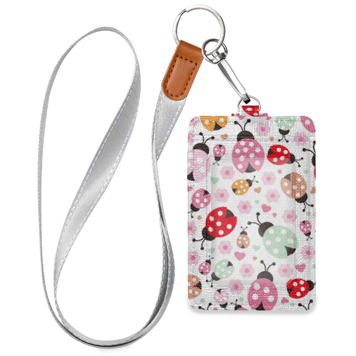 VIKKO Cute Colorful Ladybug Polka Dot PU Leather ID Badge Holder - Stylish Card Case Wallet with Adjustable Neck Lanyard & Key Ring for Work, School, Events & Conventions