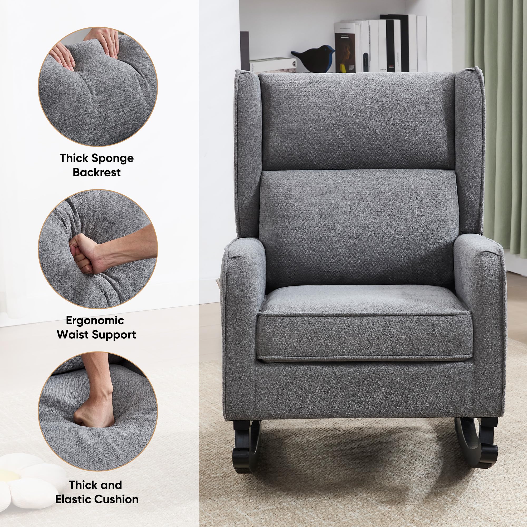 Modern Nursery Rocking Chair for Mom - High Backrest Solid Wood Rocker, Wingback Accent Chair for Reading in Living Room & Bedroom - Deep Grey | Perfect for Nursing, Relaxing & Nursery Decor