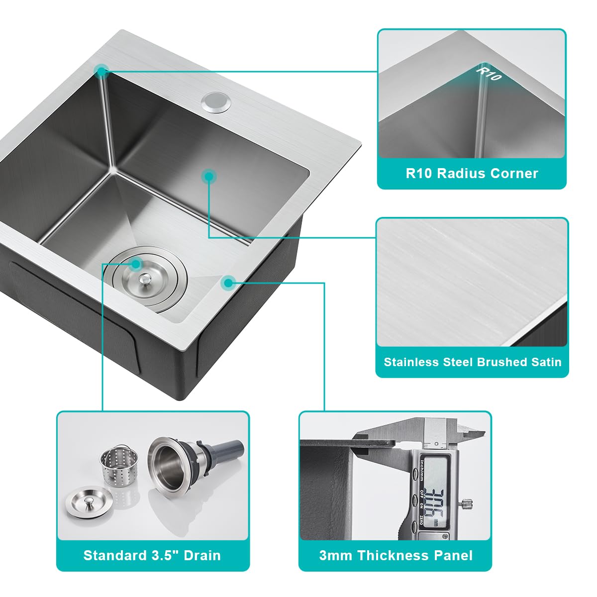 18 Inch Drop-in Kitchen Bar Sink - 18x18 Inch Single Hole Topmount Stainless Steel Sink, 18 Gauge Brushed Finish Single Bowl Bar Prep Sink - Perfect for Small Kitchens, Wet Bars & RV Campers