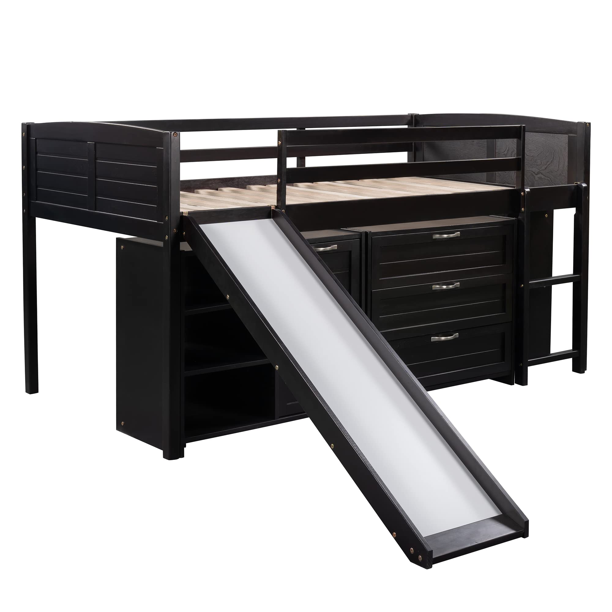 MERITLINE Twin Loft Bed with Slide - Kids Wooden Loft Bed with Storage Shelves, Drawers & Cabinet - Low Profile Twin Size Loft Bed Frame for Bedroom, Living Room or Playroom - Espresso Finish (New)