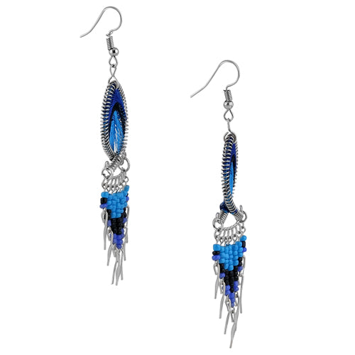 Handmade Stainless Steel Peruvian Pink & Blue Silk Thread Beaded Fish Dangle Earrings | Boho Chic Jewelry for Women | Perfect for Festivals, Parties & Beach Vacations